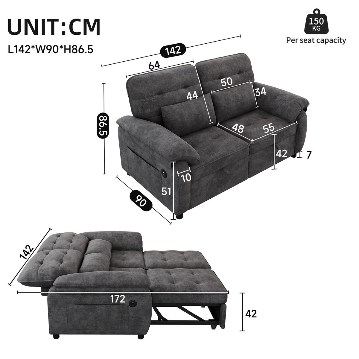 MERAX Canapé droit convertible 2 places tissu