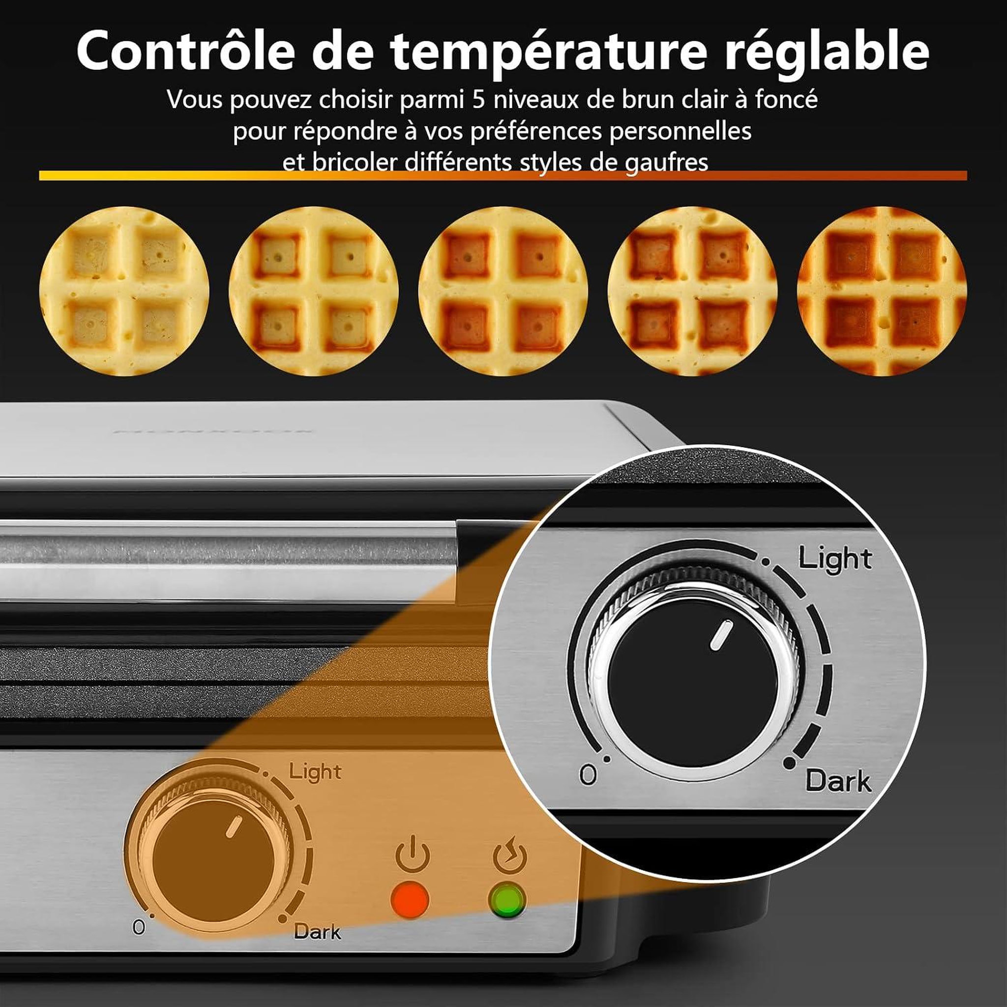 Voir la diapositive 3 : YASHE Gaufrier belge, 4 gaufres, 1200 W, 5 niveaux