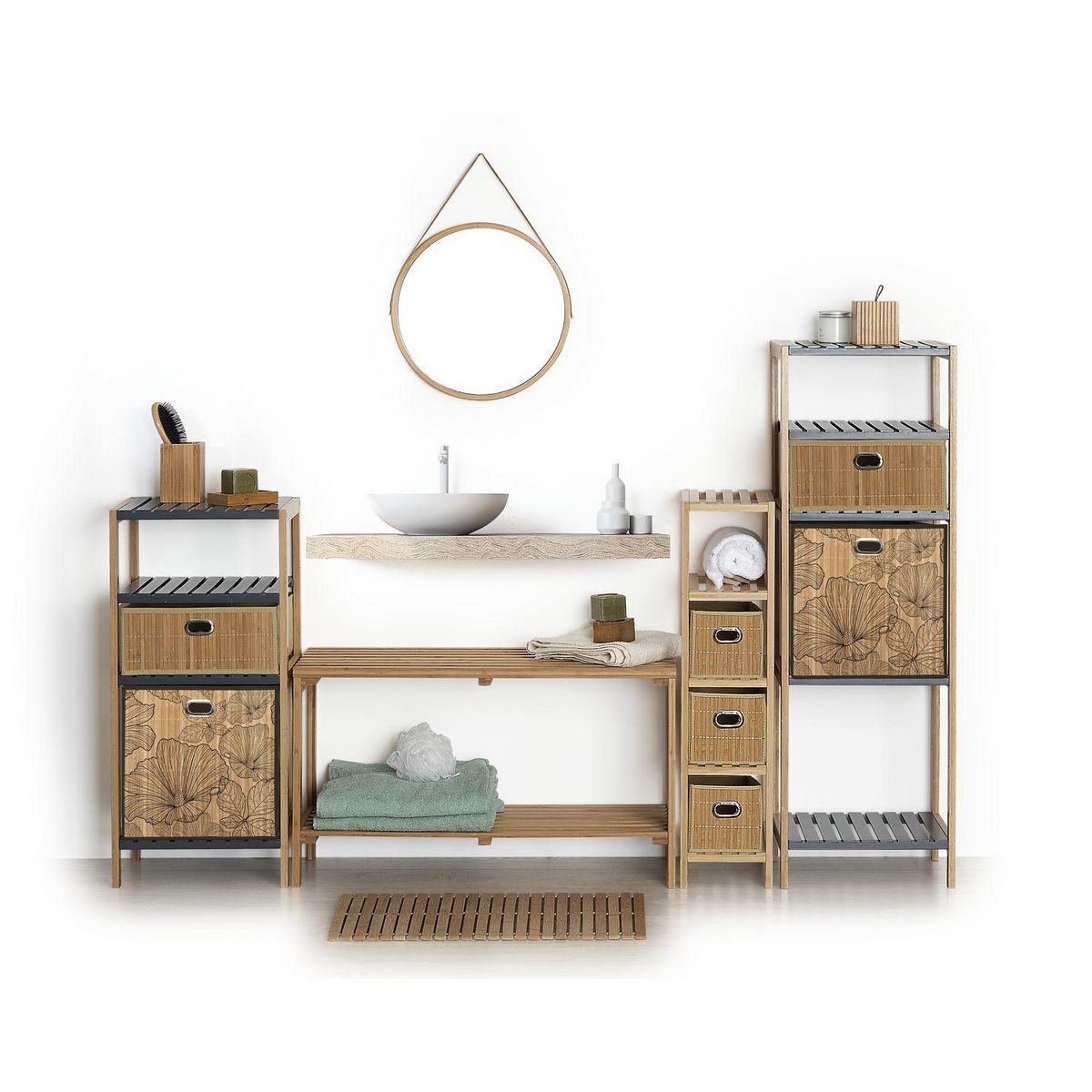 TOILINUX Lot de 6 Boîtes de rangement imprimé tropical en bambou et tissu Blackflora - Marron et noir