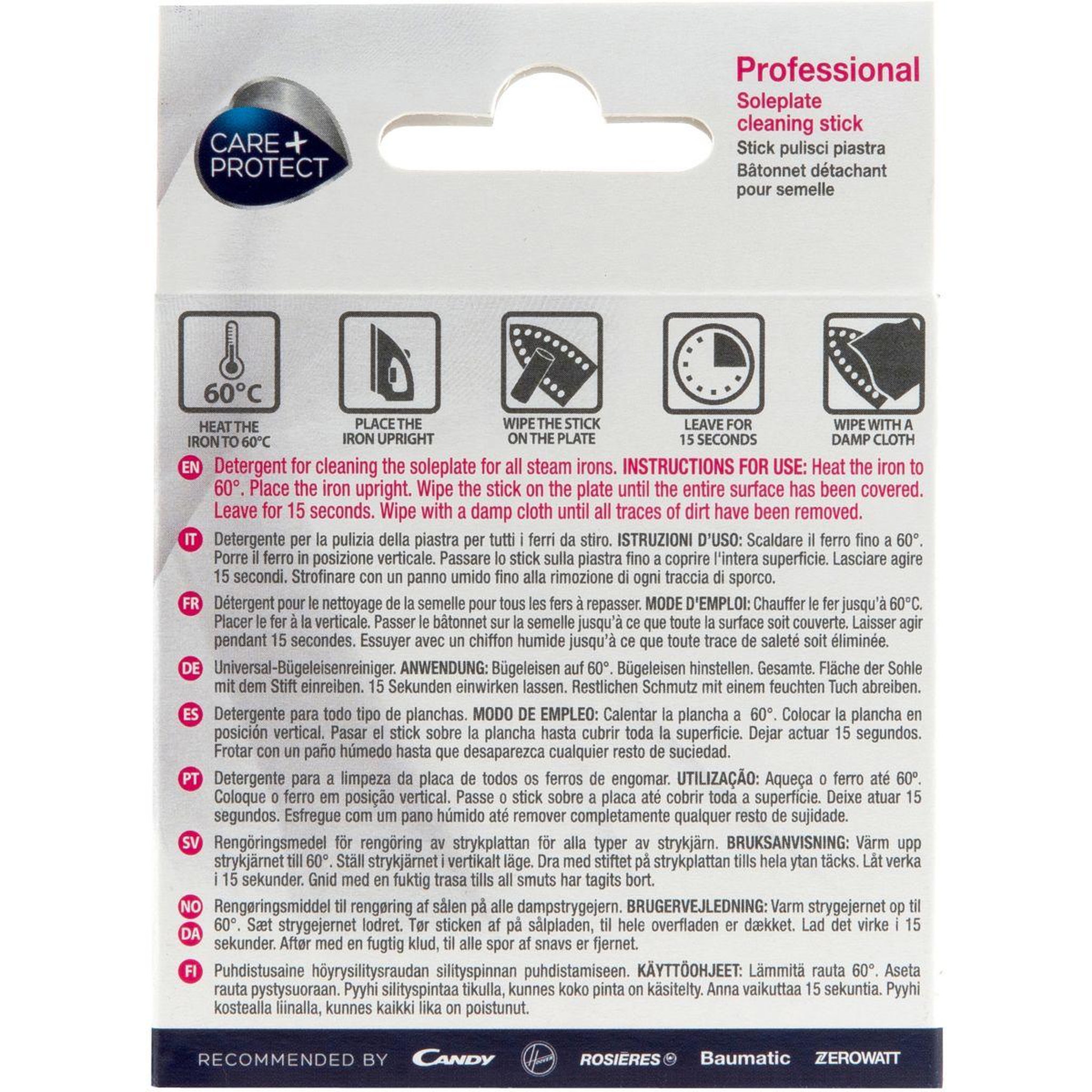 Voir la diapositive 3 : CARE PROTECT Bâtonnet détachant pour semelle de fer à repasser et centrale vapeur
