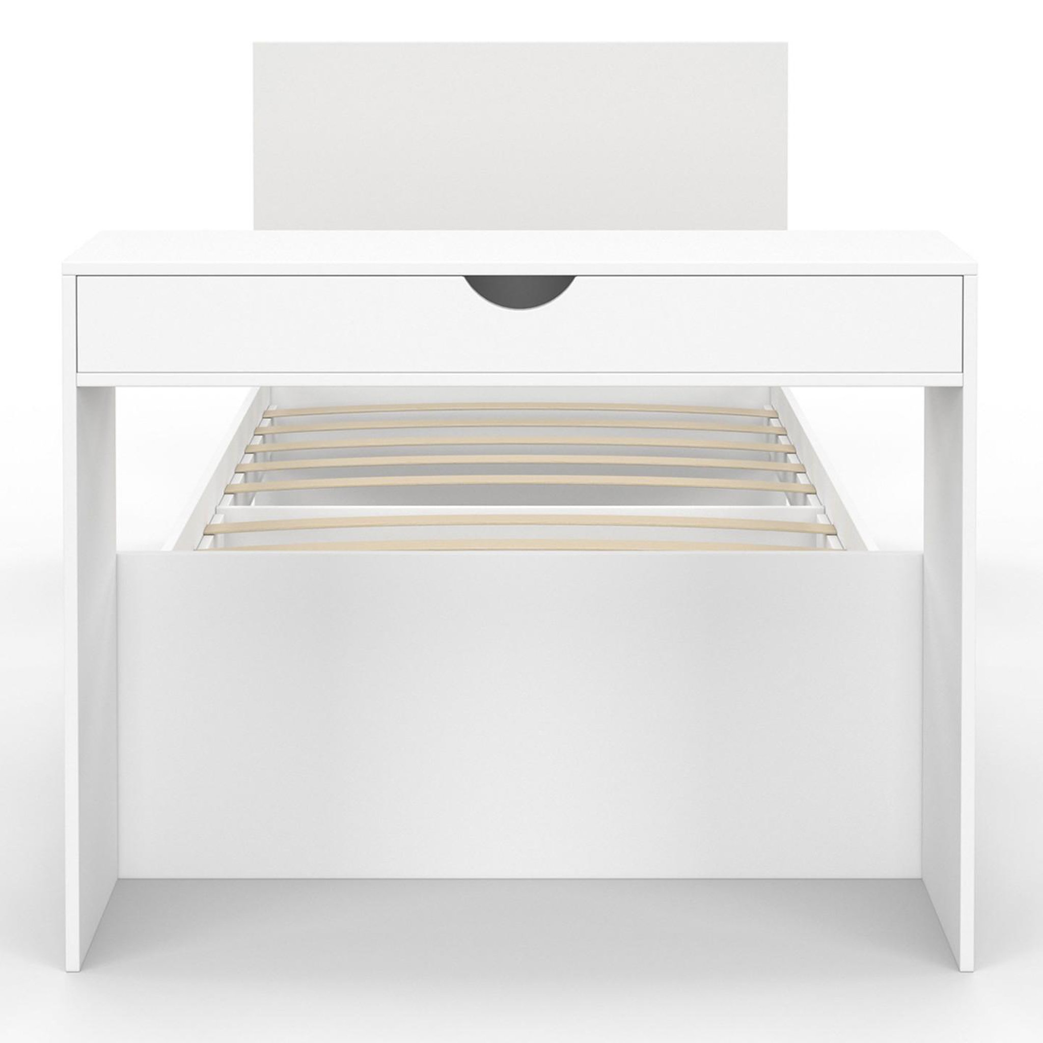Voir la diapositive 3 : ID MARKET Lit simple omaha 90 x 190 cm avec sommier, tête de lit, bureau et rangements blanc