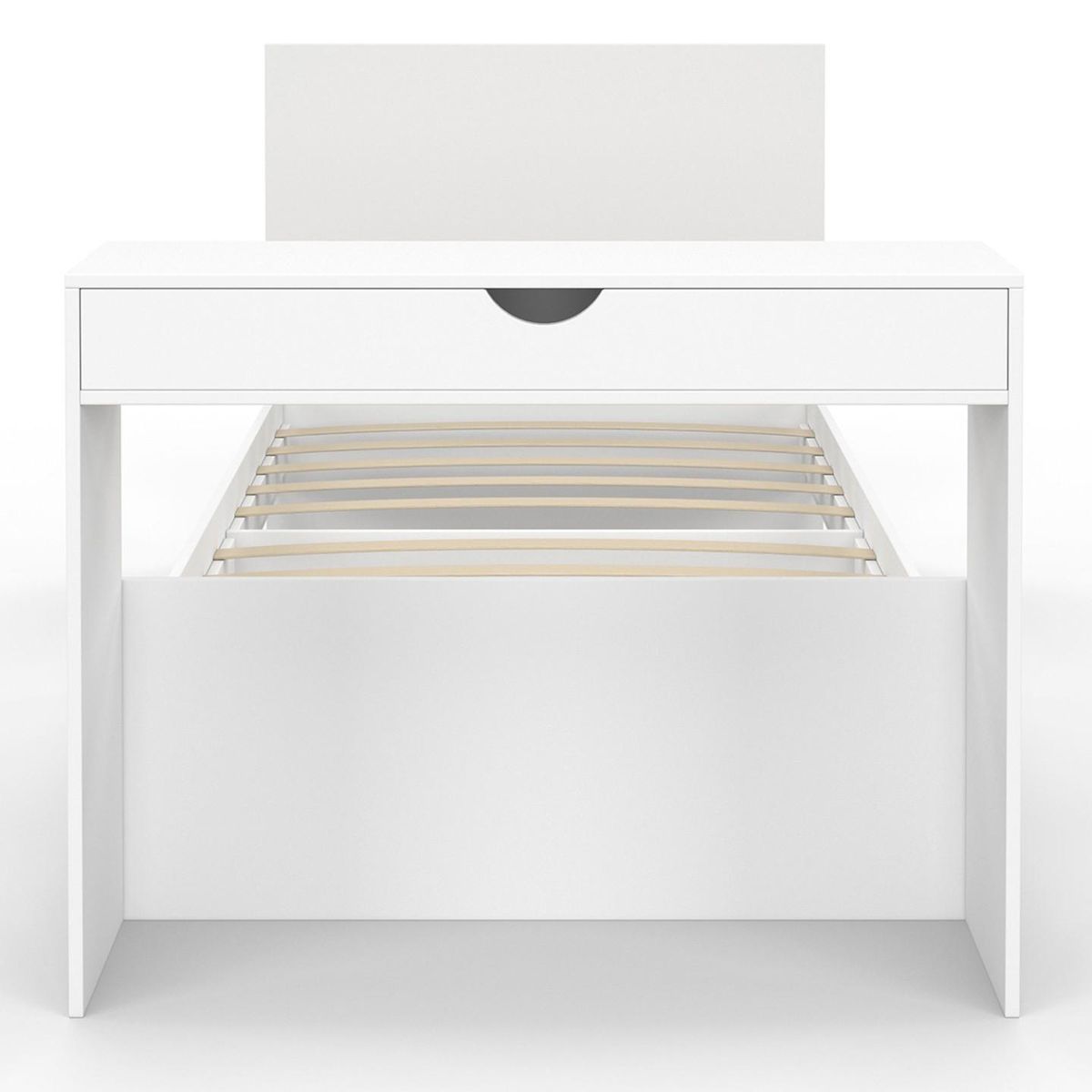 ID MARKET Lit simple OMAHA 90 x 190 cm avec sommier, tête de lit, bureau et rangements blanc