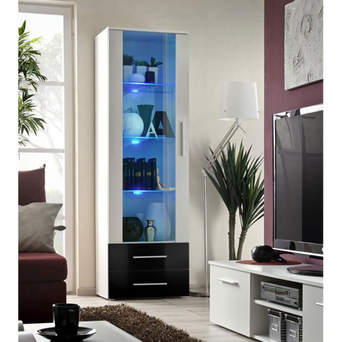 Paris Prix Vitrine LED Design  Neo  190cm Blanc & Tiroirs Noir Brillant