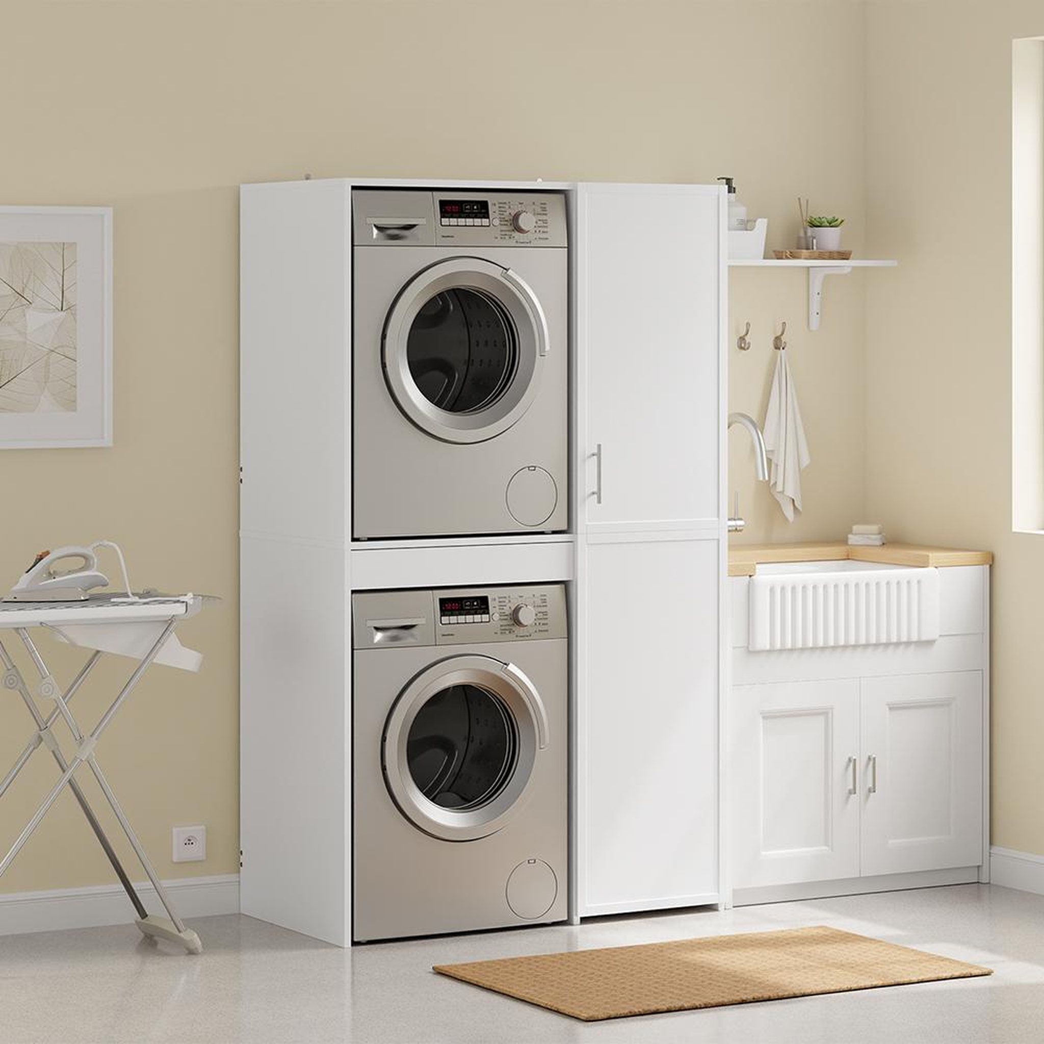 Voir la diapositive 2 : SOBUY Armoire lave-linge colonne avec tiroir et portes buanderie 110x63x186cm bzr231-w