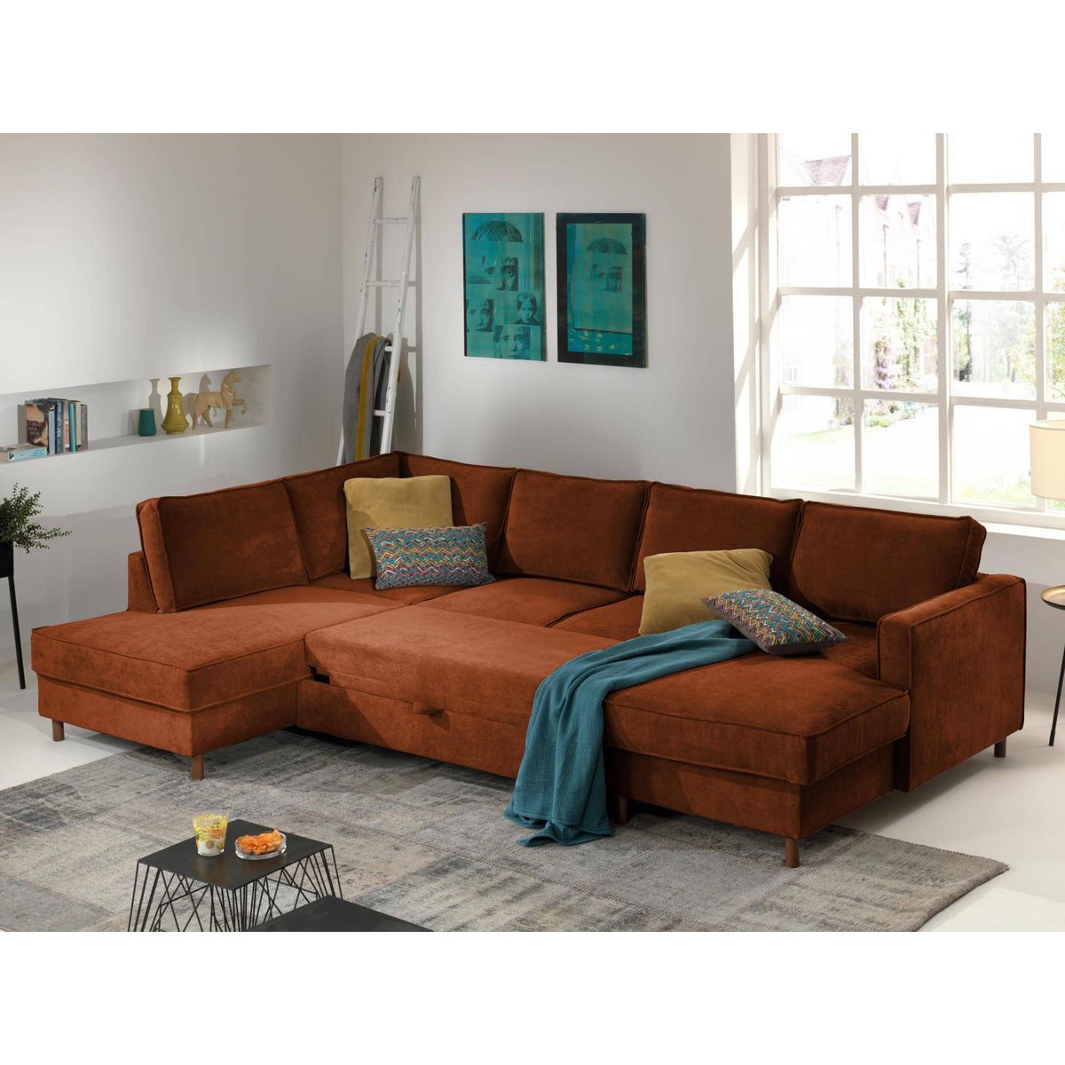 LISA DESIGN Jake - canapé panoramique d'angle gauche - convertible avec coffre - 7 places - en velours côtelé