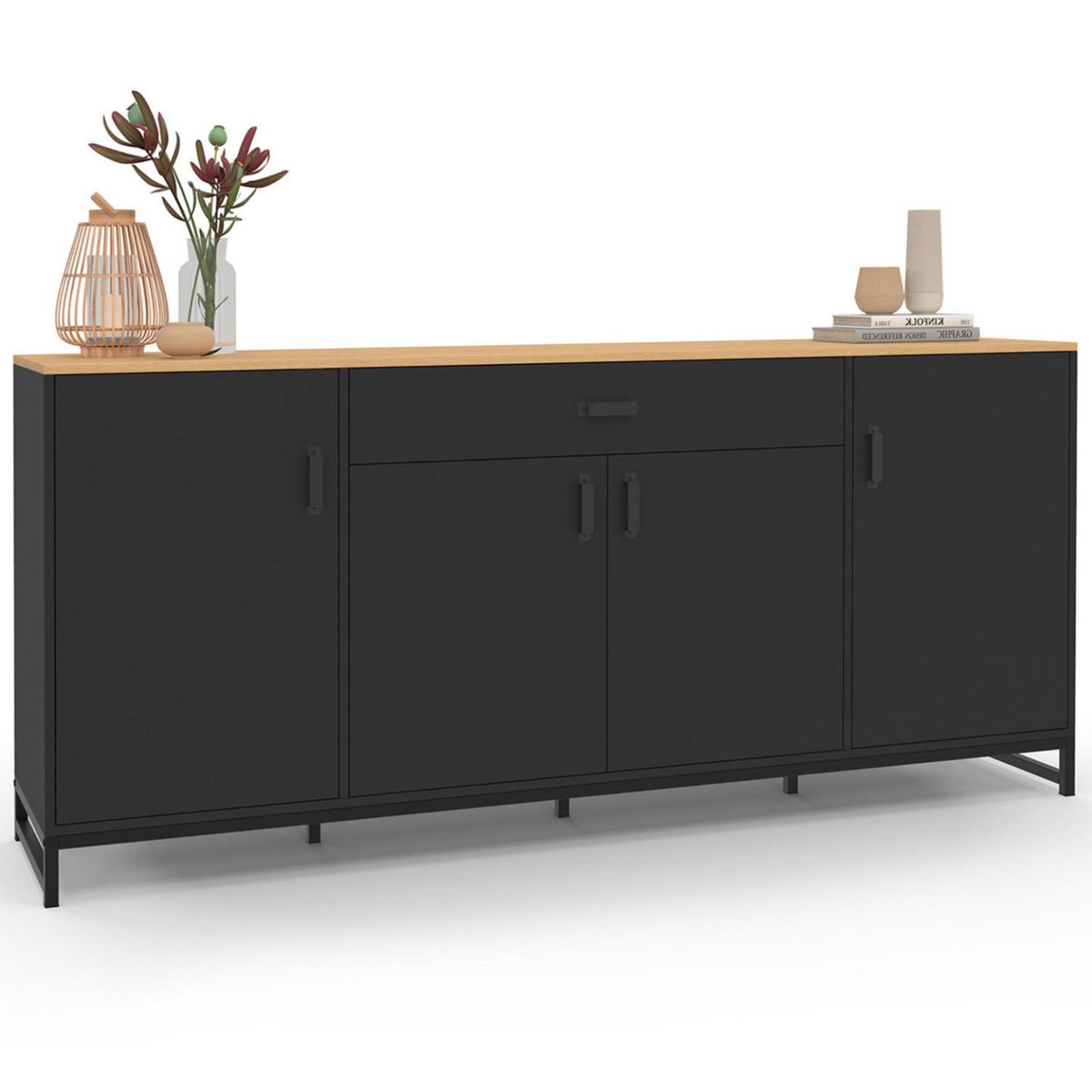 ID MARKET Buffet 180 cm WASHINGTON XXL 4 portes et 1 tiroir bois et noir