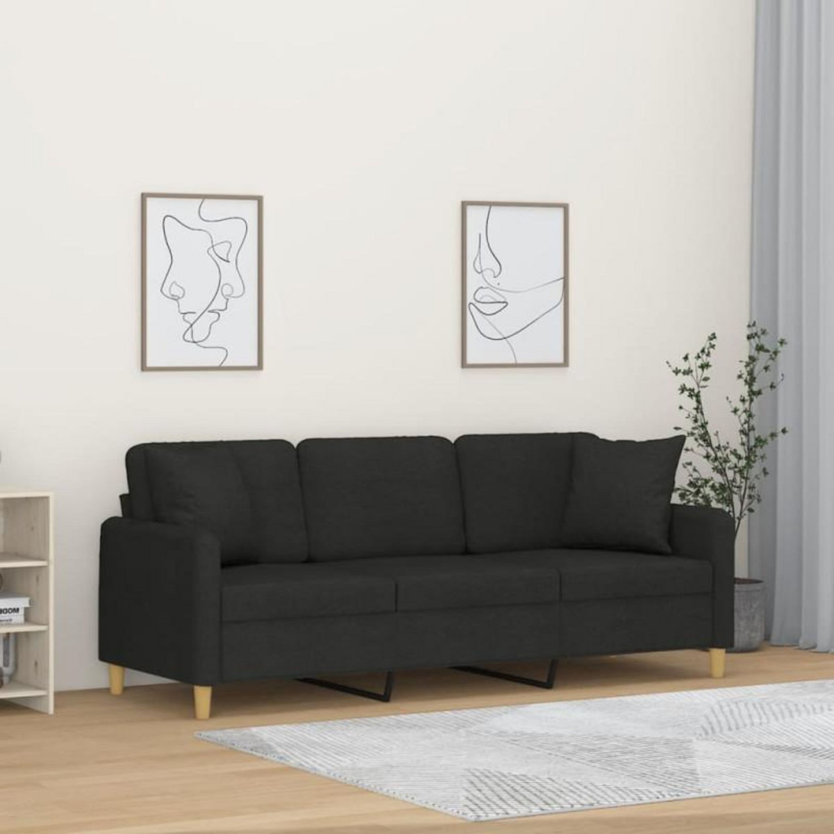 VIDAXL Canapé 3 places avec oreillers décoratifs noir 180 cm tissu