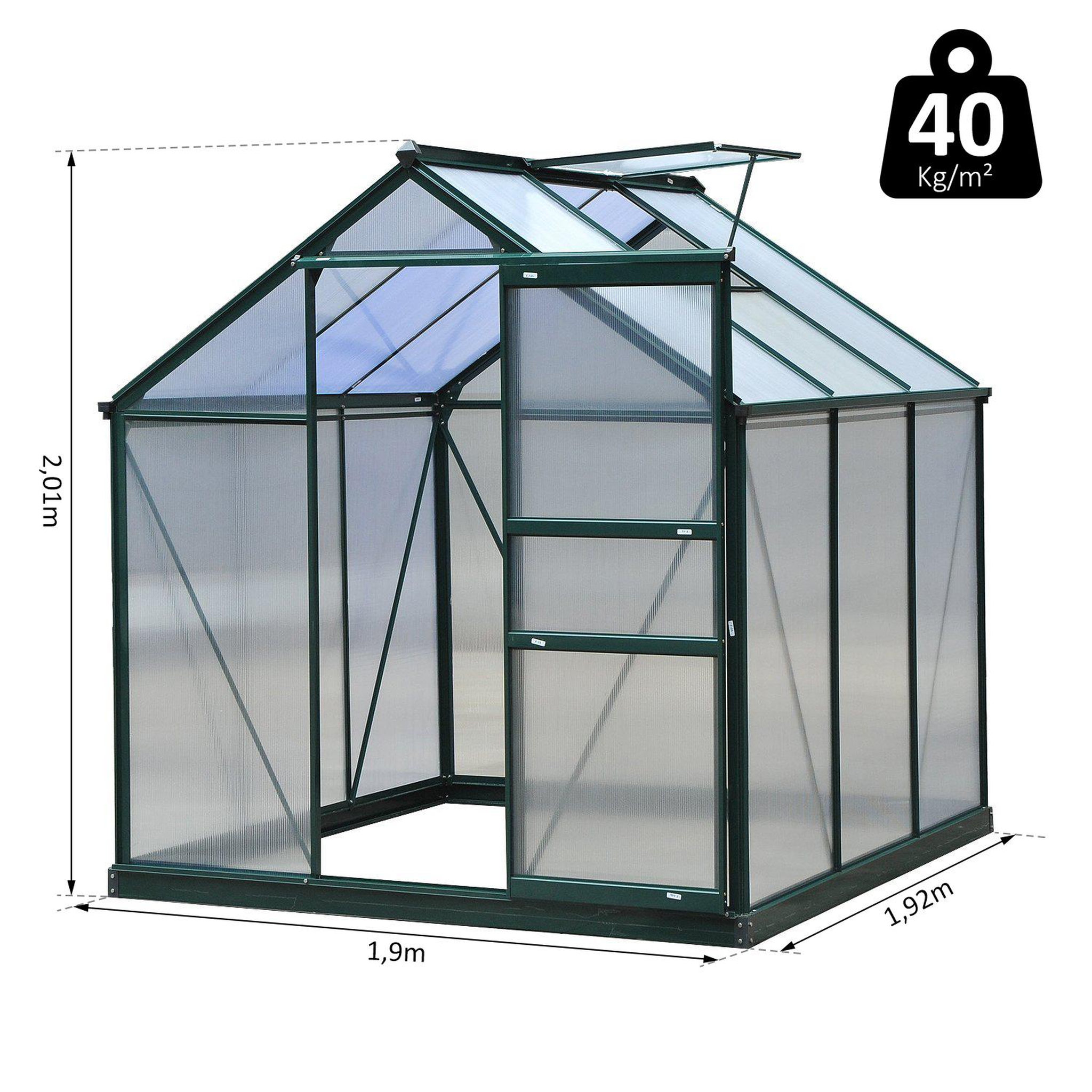 Voir la diapositive 3 : OUTSUNNY Serre de jardin aluminium polycarbonate 3,65 m² dim. 1,9l x 1,92l x 2,01h m lucarne, porte coulissante + fondation incluse alu. Vert polycarbonate transparent