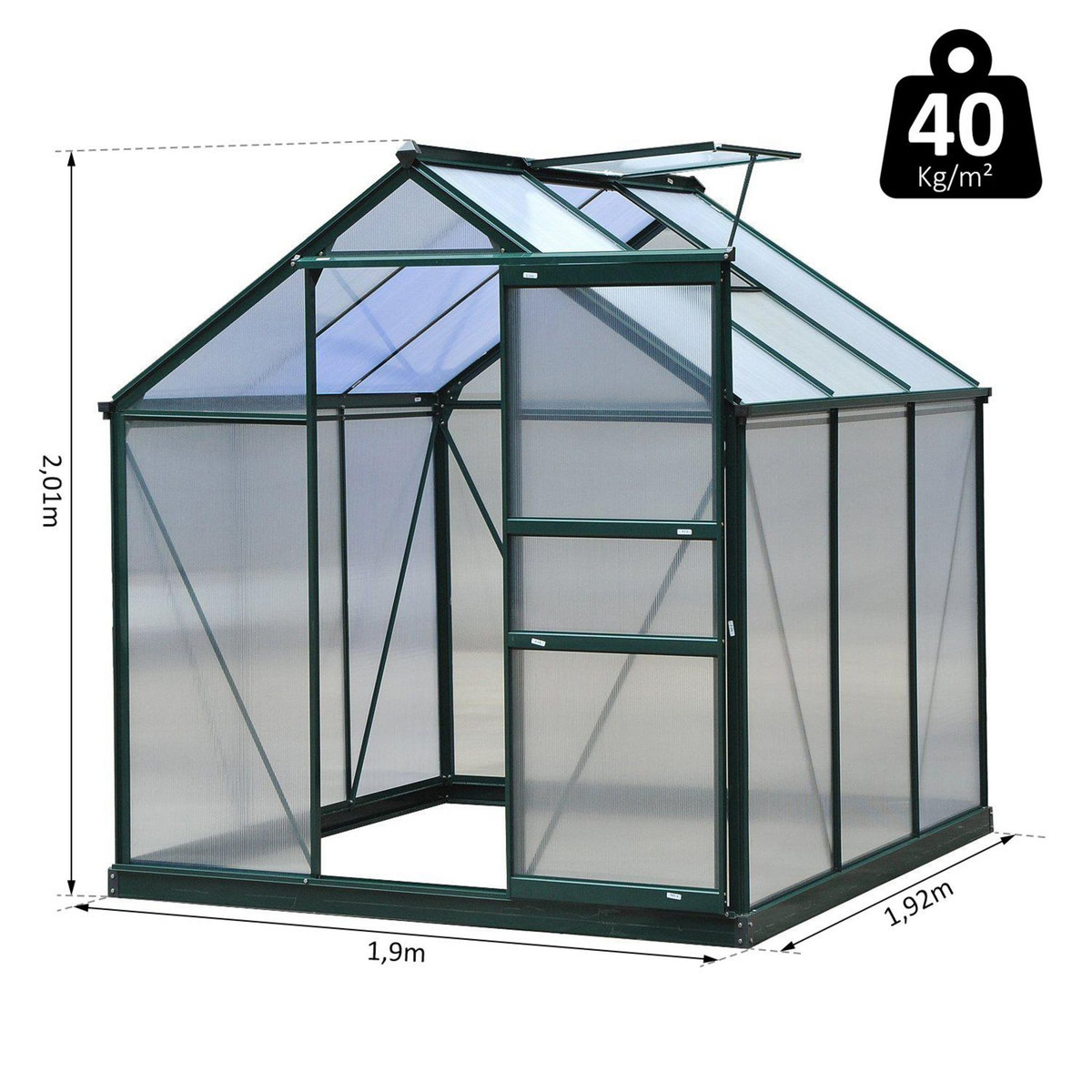 OUTSUNNY Serre de jardin aluminium polycarbonate 3,65 m² dim. 1,9L x 1,92l x 2,01H m lucarne, porte coulissante + fondation incluse alu. vert polycarbonate transparent