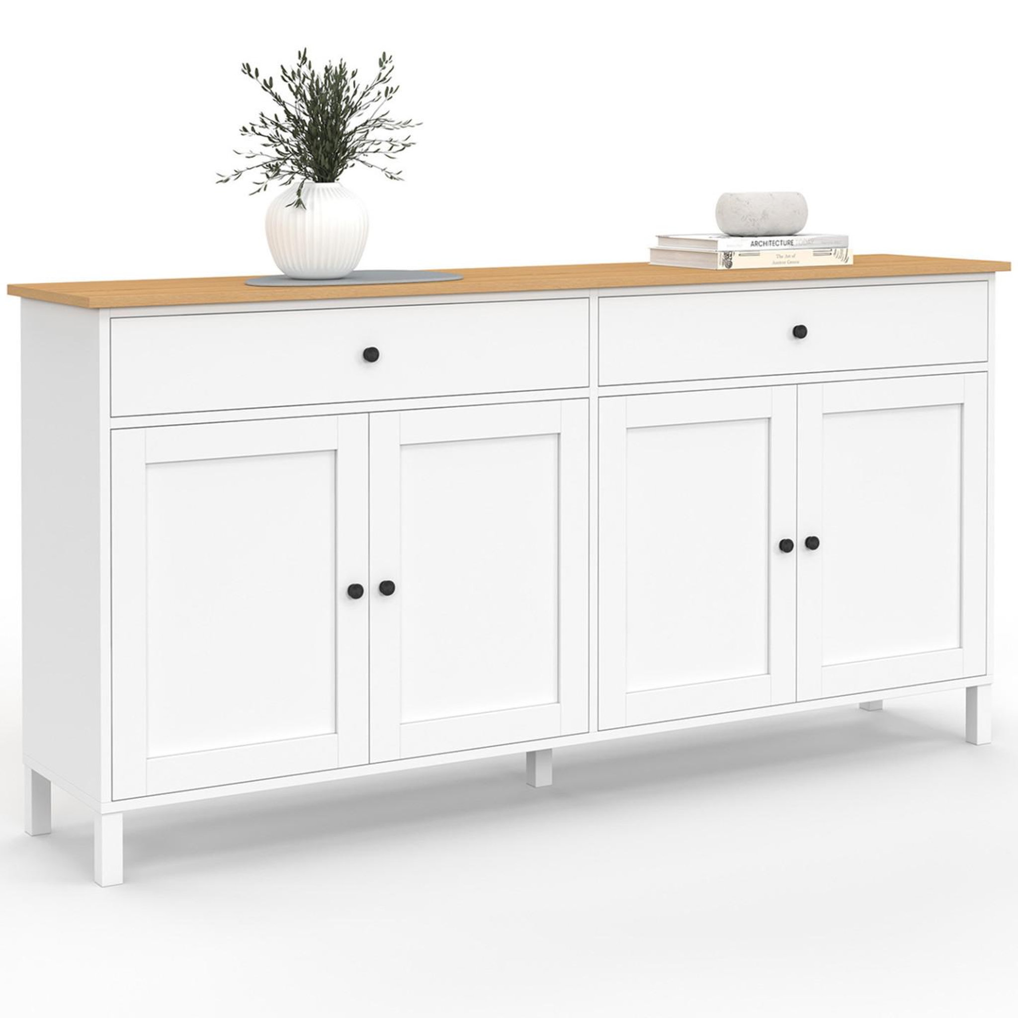 ID MARKET Buffet 160cm achille 4 portes et 2 tiroirs blanc et plateau bois