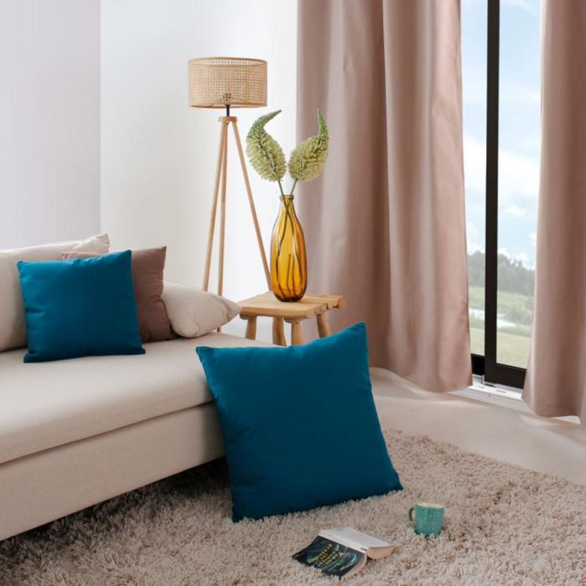 Paris Prix Coussin Déco Uni Déhoussable  Panama  60x60cm Bleu Canard