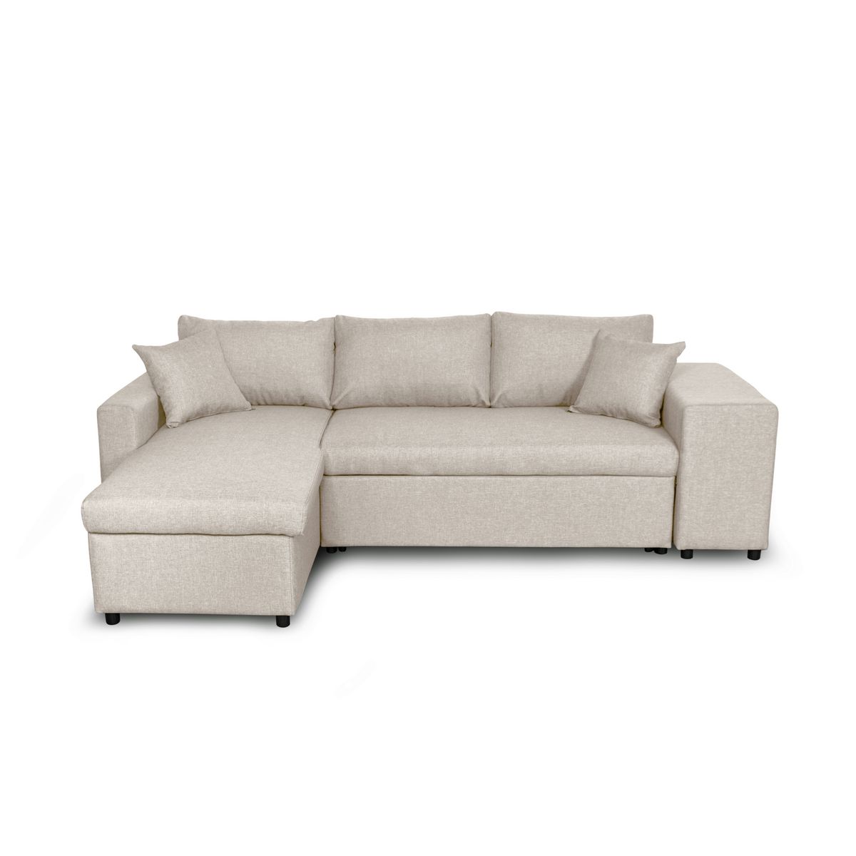 Canapé d'angle réversible convertible avec coffre + 2 poufs avec niche fixe à droite ANETTA