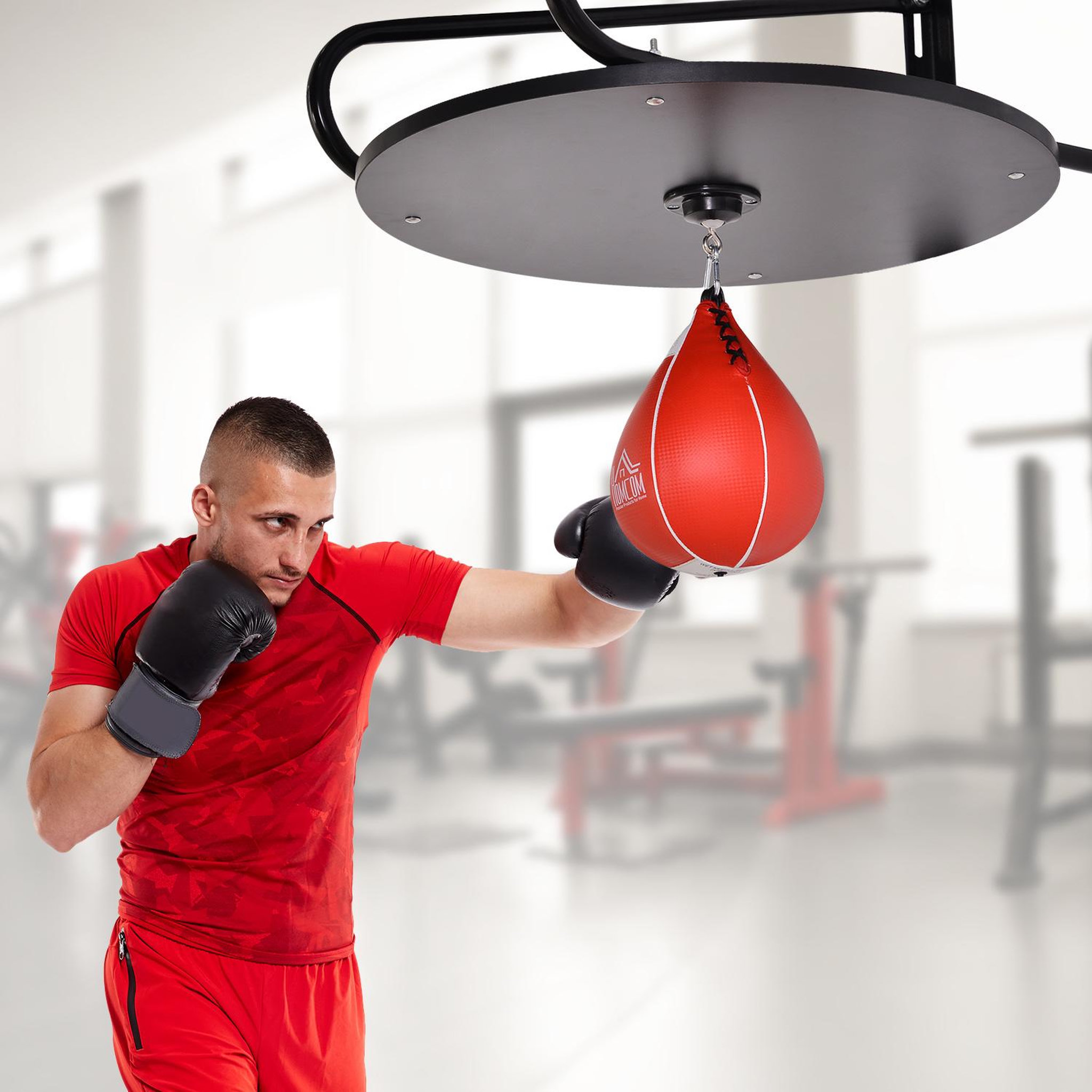 Voir la diapositive 2 : HOMCOM Punching ball poire de vitesse boxe avec support plateau tournant + pompe mdf acier revêtement synthétique rouge noir