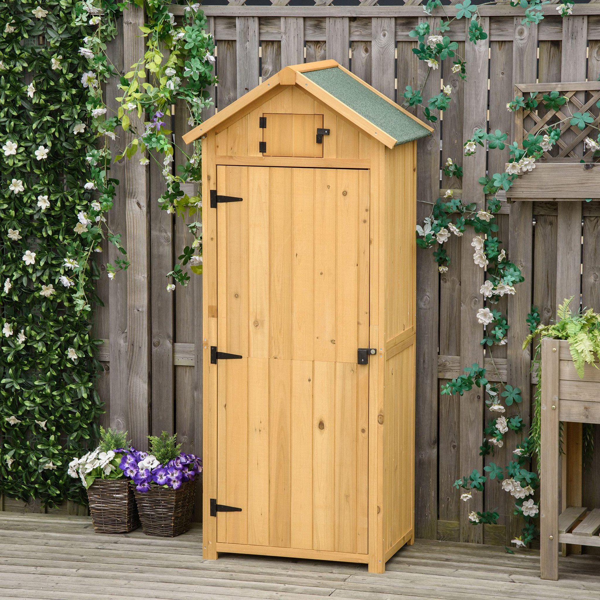 Voir la diapositive 2 : OUTSUNNY Armoire abri de jardin remise pour outils 3 étagères 2 portes loquets toit pente bitumé 77L x 54l x 179H cm sapin traité lasuré