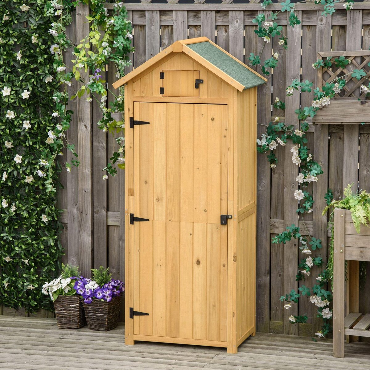 OUTSUNNY Armoire abri de jardin remise pour outils 3 étagères 2 portes loquets toit pente bitumé 77L x 54l x 179H cm sapin traité lasuré