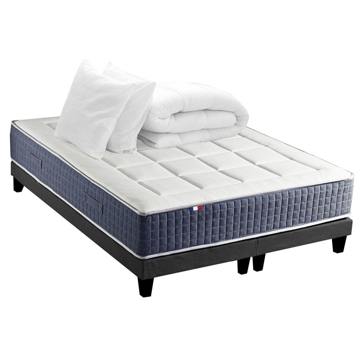 IDLITERIE Ensemble Matelas Ressort 7 zones + Mémoire de forme + Sommier KING STYLE + couette + oreillers - Fabriqué en France
