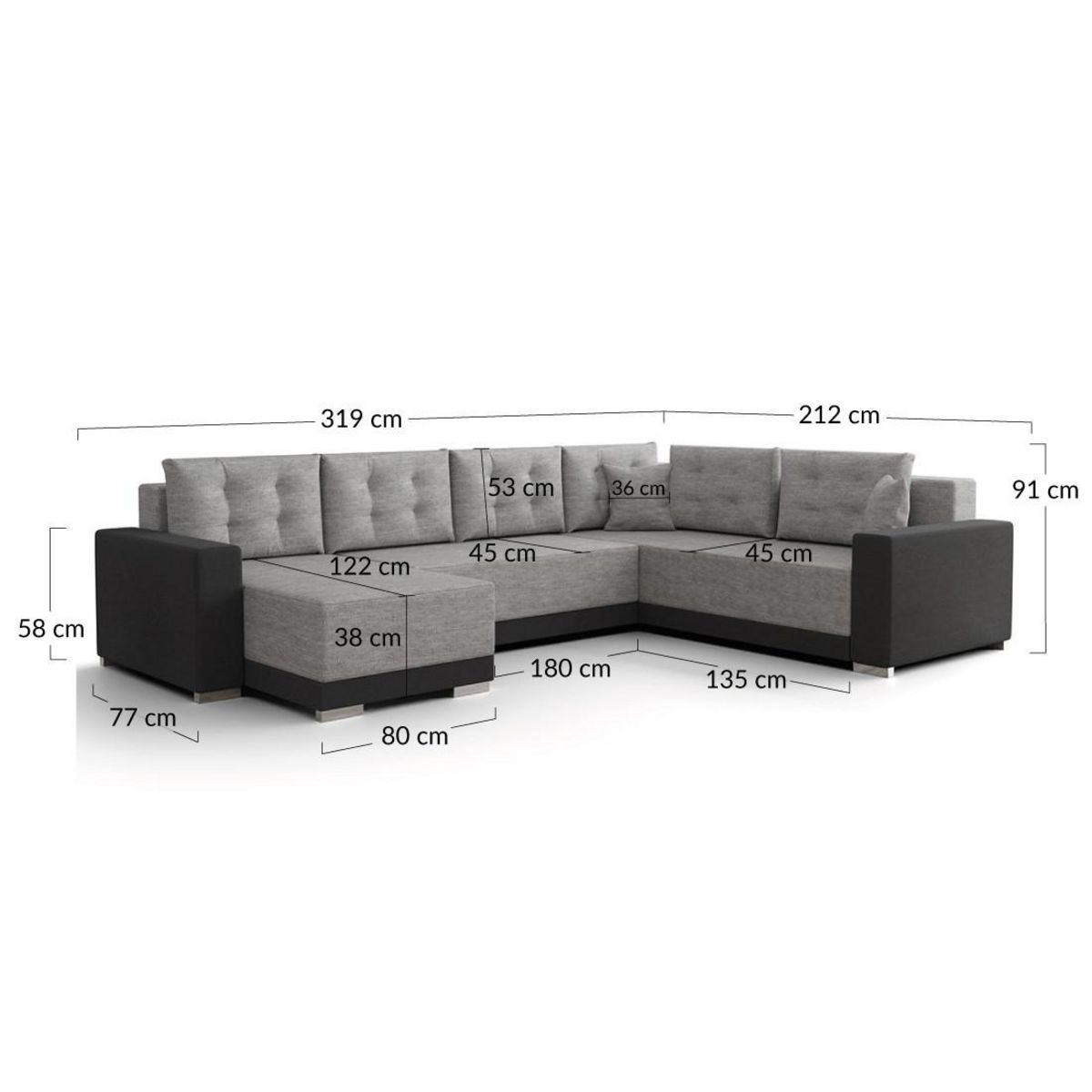BEST MOBILIER Roger - canapé panoramique d'angle réversible 7 places convertible avec coffre en tissu