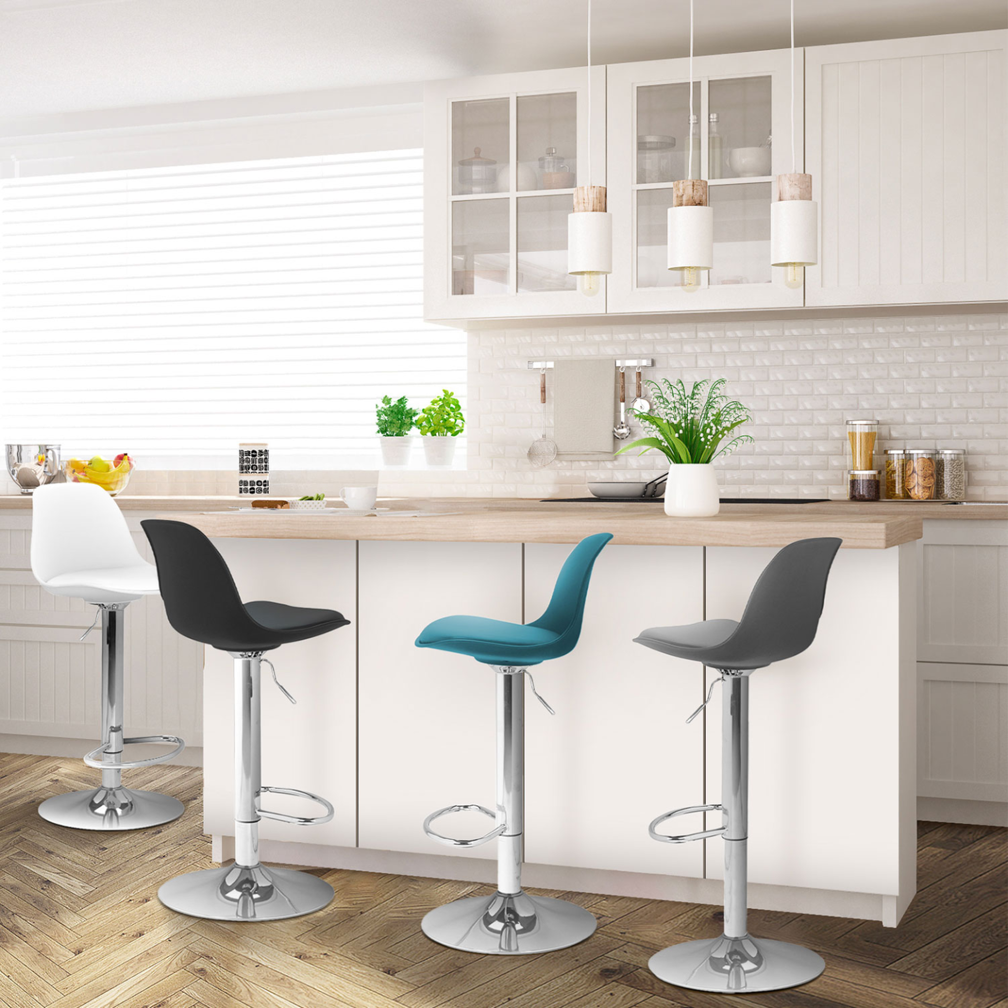 Voir la diapositive 2 : ID MARKET Lot de 4 tabourets de bar karl mix color gris foncé, bleu canard, blanc et noir