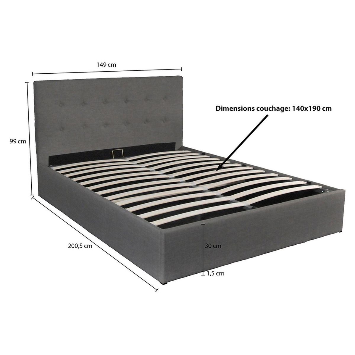 Lit coffre avec tête de lit capitonnée, livré avec sommier 140x190 CM CATANE