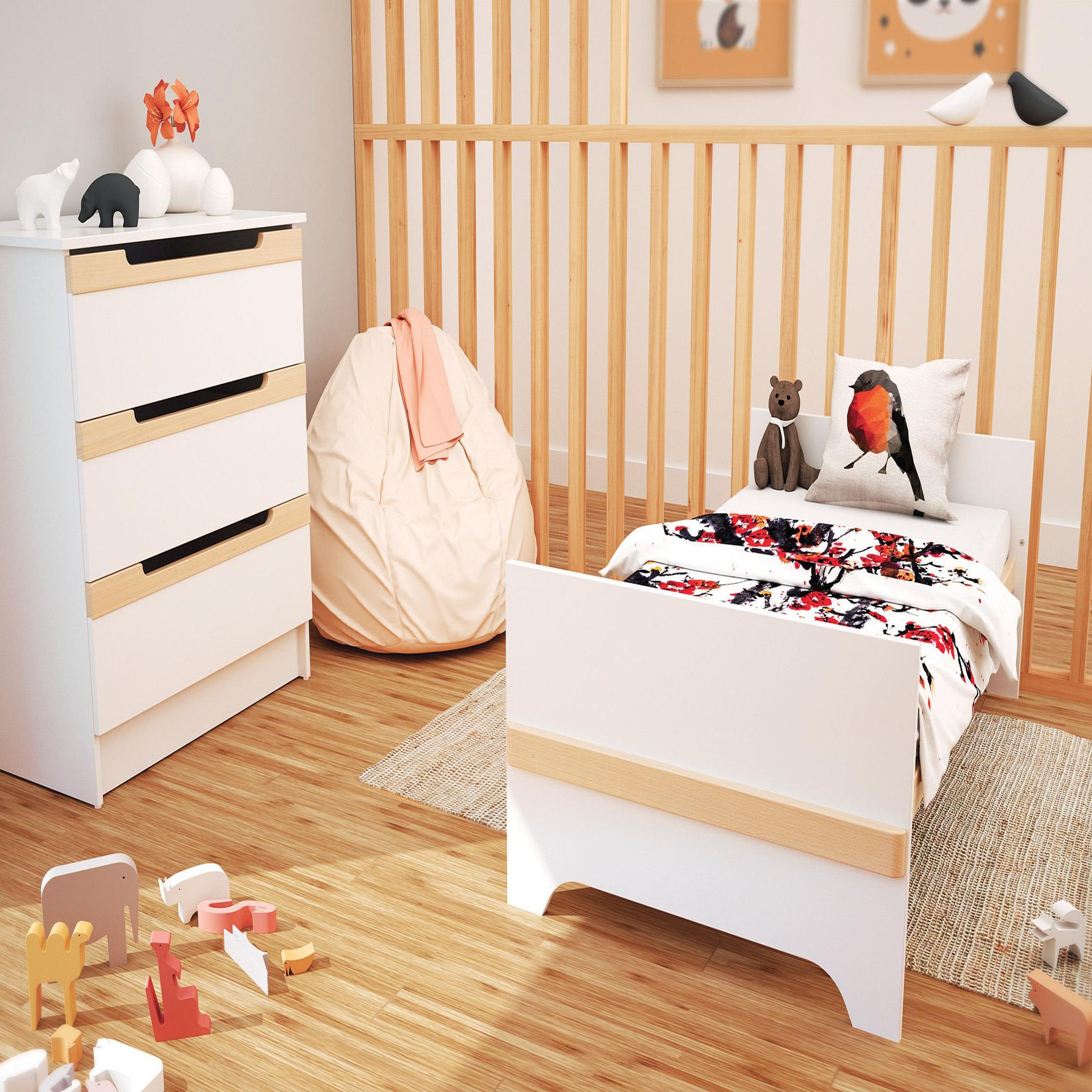 Voir la diapositive 3 : AT4 Chambre bébé lit, commode à langer et armoire blanc et hêtre verni