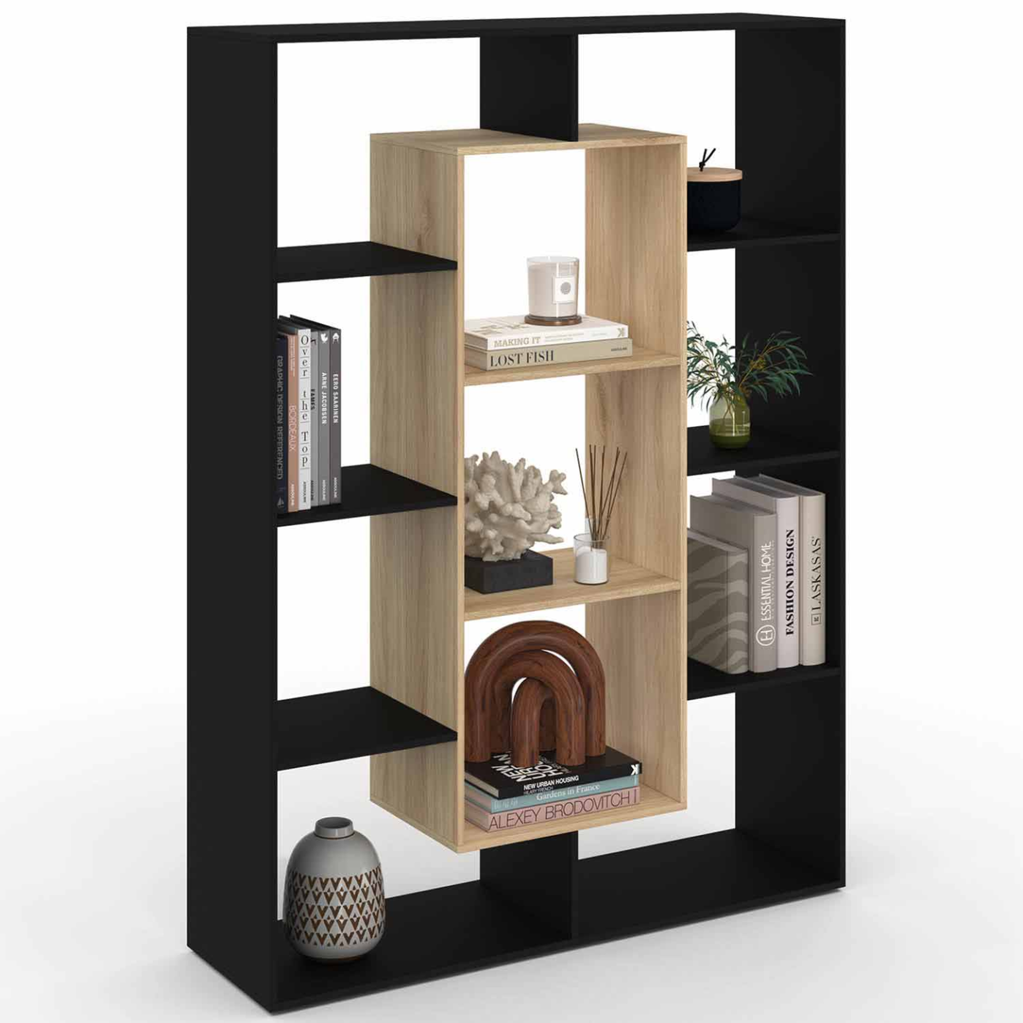 ID MARKET Etagère bibliothèque colette avec 11 compartiments noir et effet bois 143 cm
