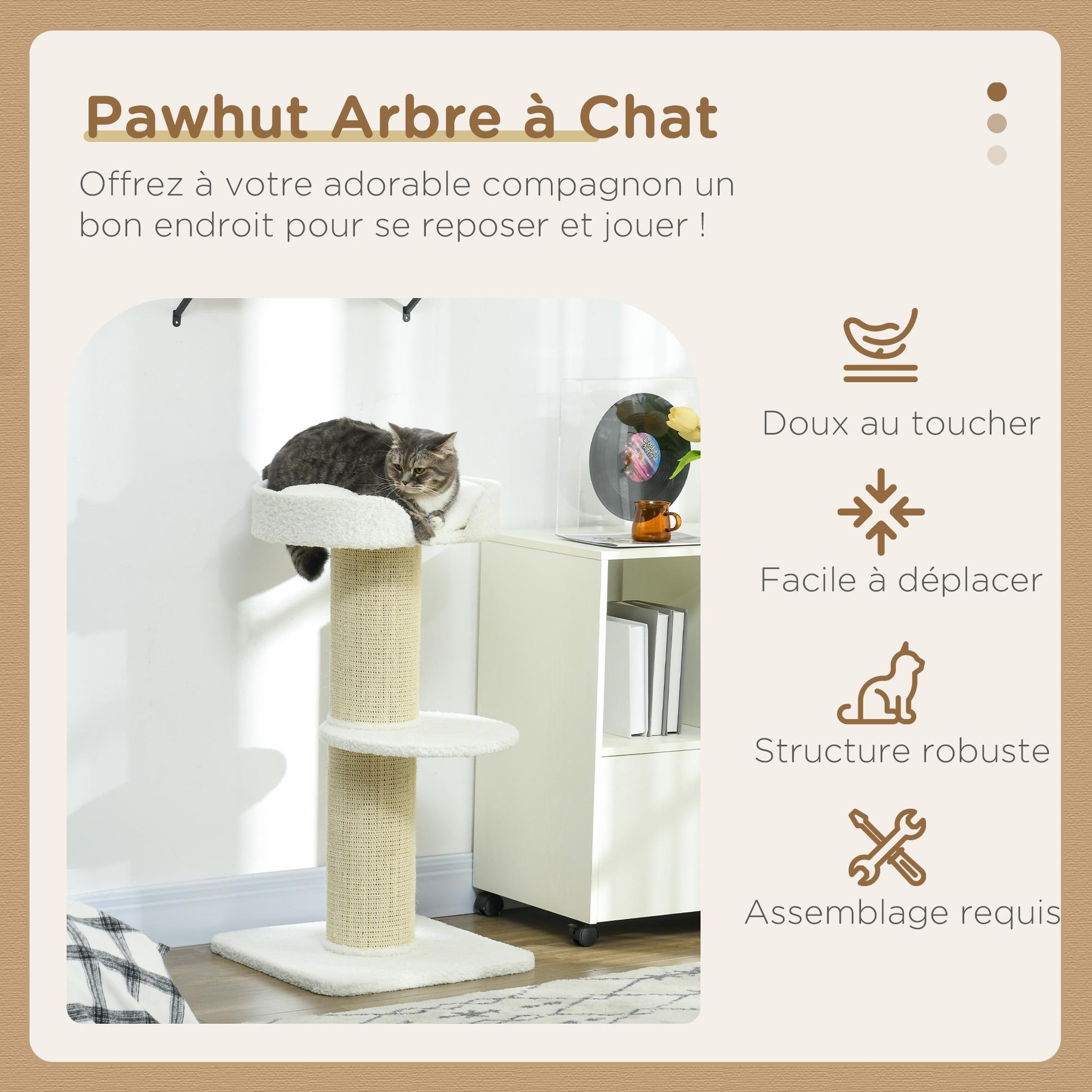 Voir la diapositive 5 : PAWHUT Arbre à chat avec griffoir centre d'activités 2 plateformes coussin crème