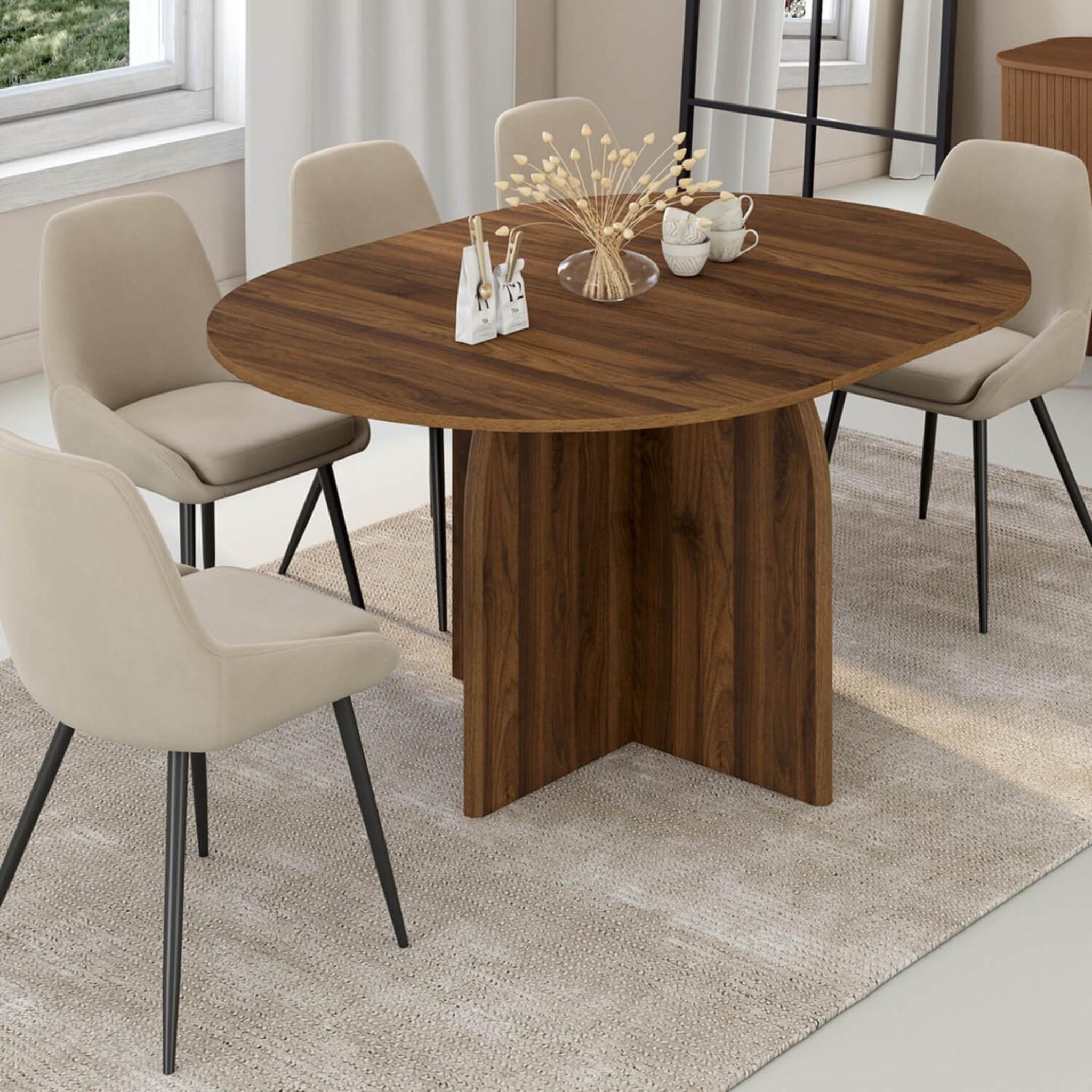 Voir la diapositive 2 : ID MARKET Table à manger extensible japandi ronde edith 4-8 personnes pied central design arrondi noyer 110-150 cm