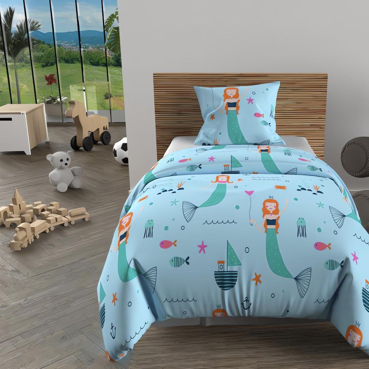 SOLEIL D'OCRE Ensemble couette et parure 5 Pièces SIRENE bleu pour lit en 90x190 cm, par Soleil d'ocre