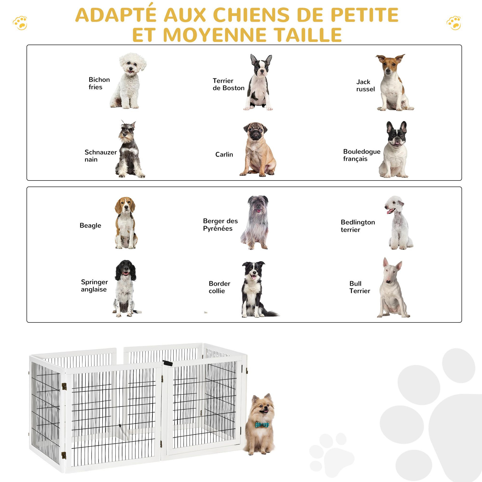 Voir la diapositive 6 : PAWHUT Barrière de sécurité parc enclos chien modulable pliable porte verrouillable intégrée 5 panneaux grillage acier noir bois de pin blanc