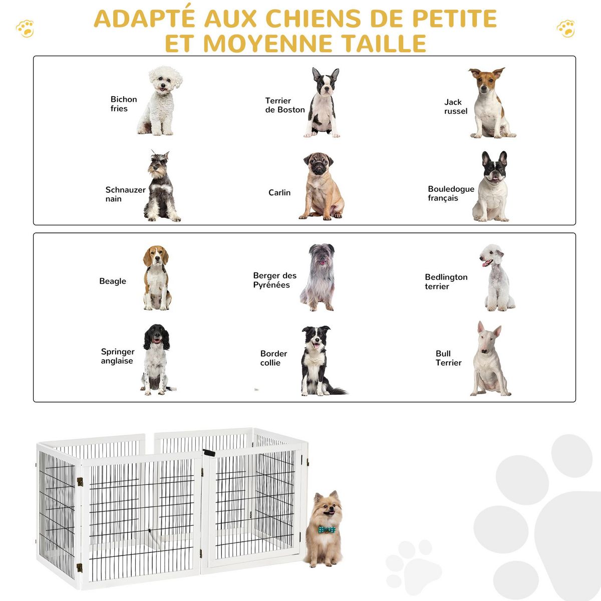 PAWHUT Barrière de sécurité parc enclos chien modulable pliable porte verrouillable intégrée 5 panneaux grillage acier noir bois de pin blanc
