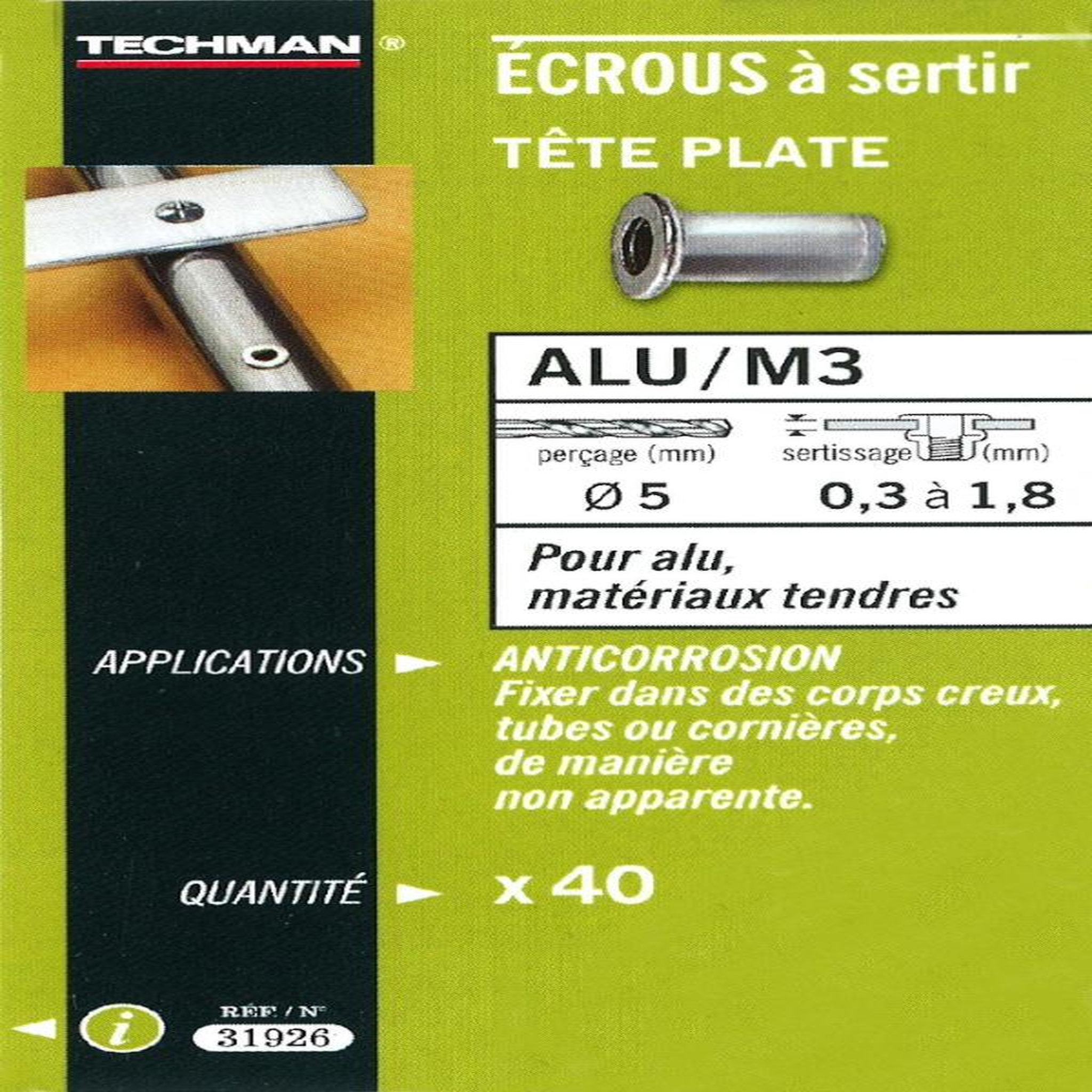 TECHMAN 40 écrous M4 à sertir alu avec tête plate