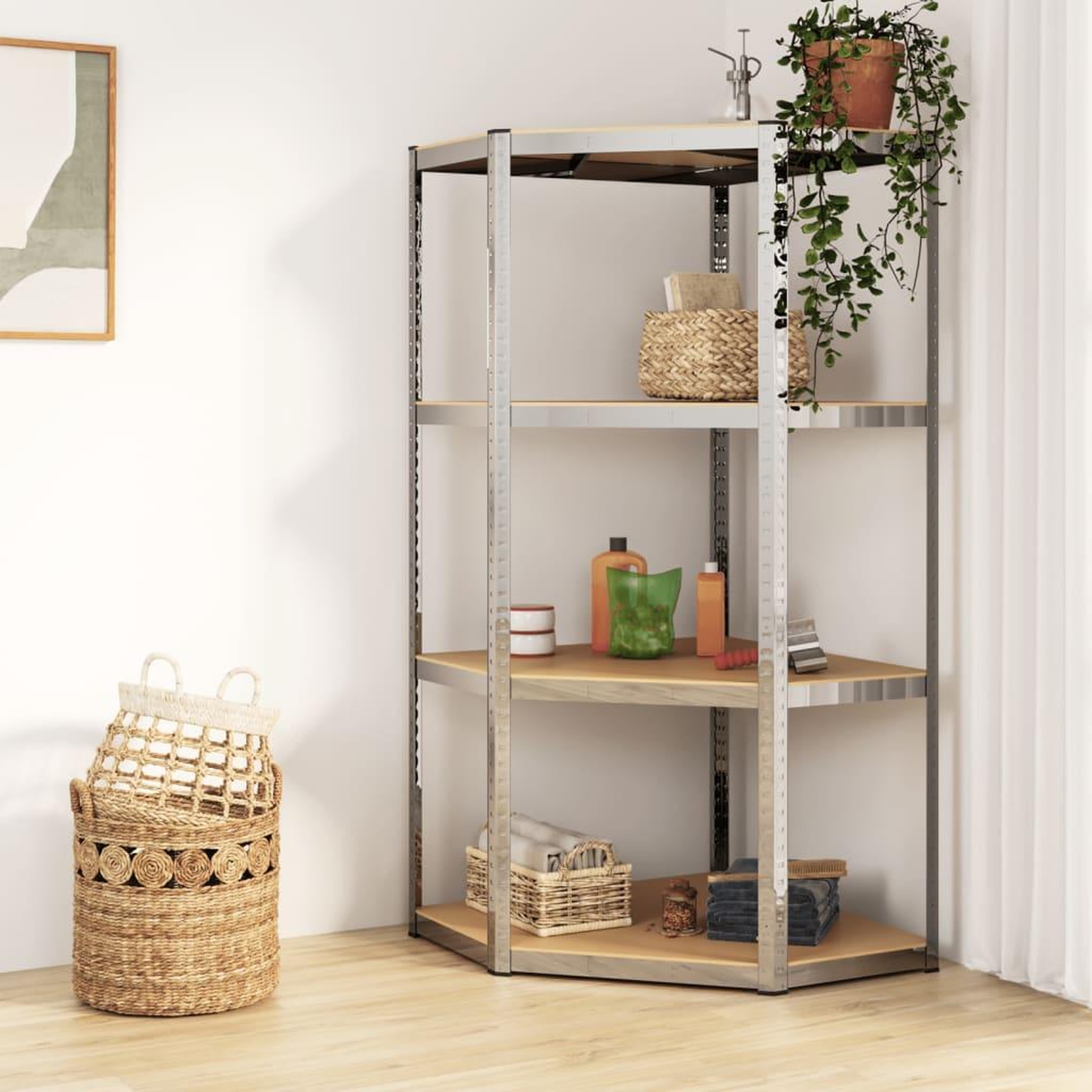 VIDAXL Etagere d'angle a 4 niveaux Argente Acier et bois d'ingenierie