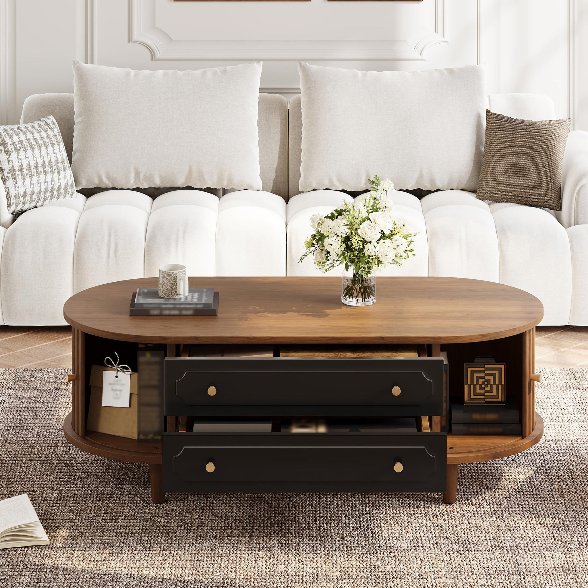 Voir la diapositive 5 : MERAX Table basse ovale noyer+noir avec 2 tiroirs - 50x100 cm panneau de particules