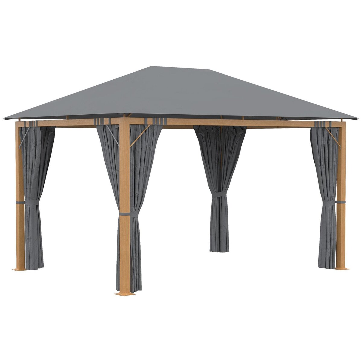 OUTSUNNY Pavillon de jardin style contemporain - barnum avec rideaux - dim. 3,97L x 2,97l x 2,8H m - alu. aspect bois polyester gris