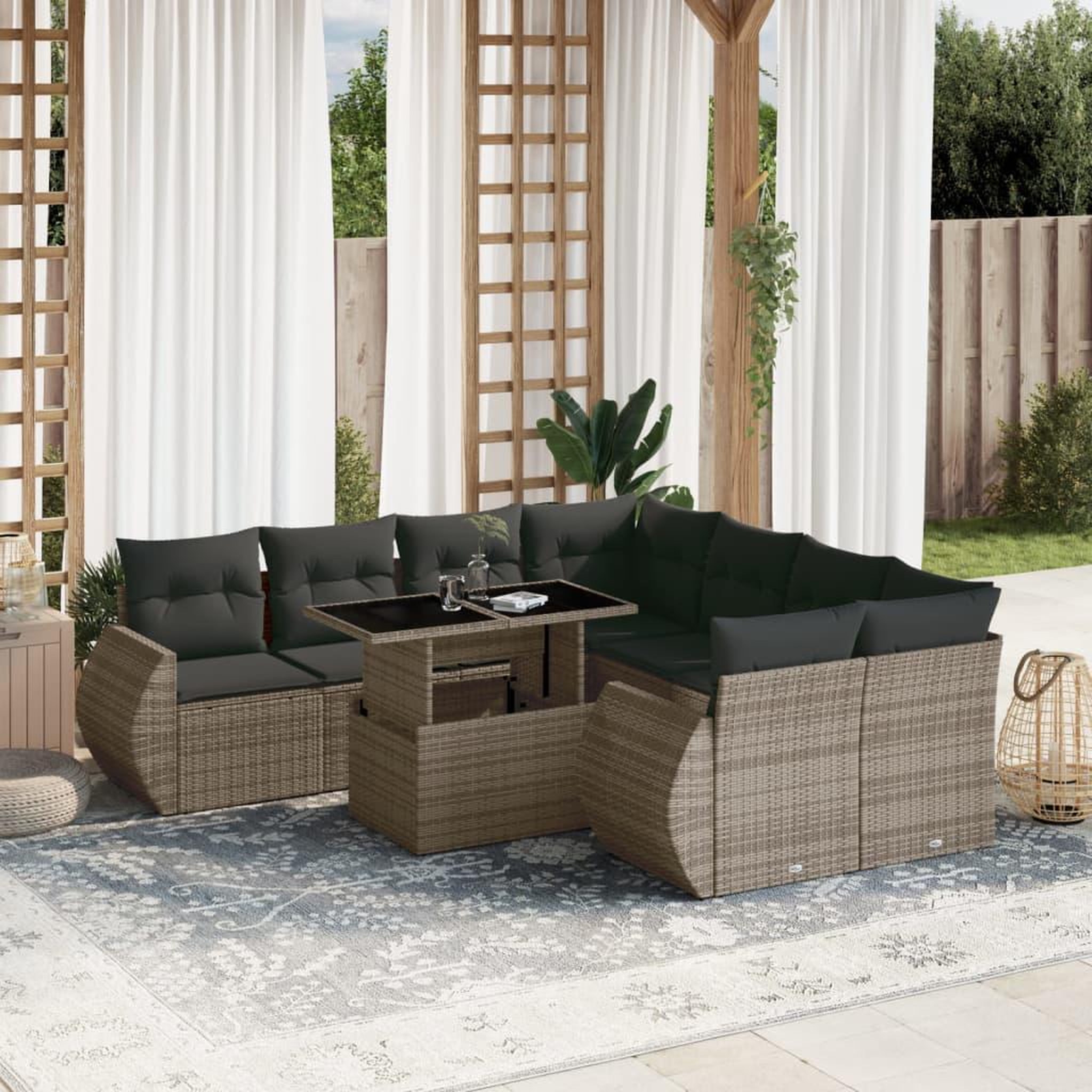 VIDAXL Salon de jardin 9 pcs avec coussins gris resine tressee