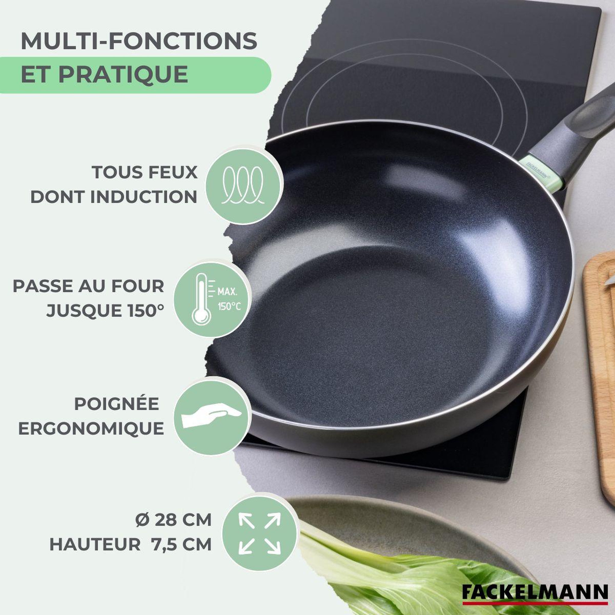 Voir la diapositive 3 : Fackelmann Wok 28 cm aluminium revêtement céramique antiadhésif sans PFAS Fackelmann Brandao