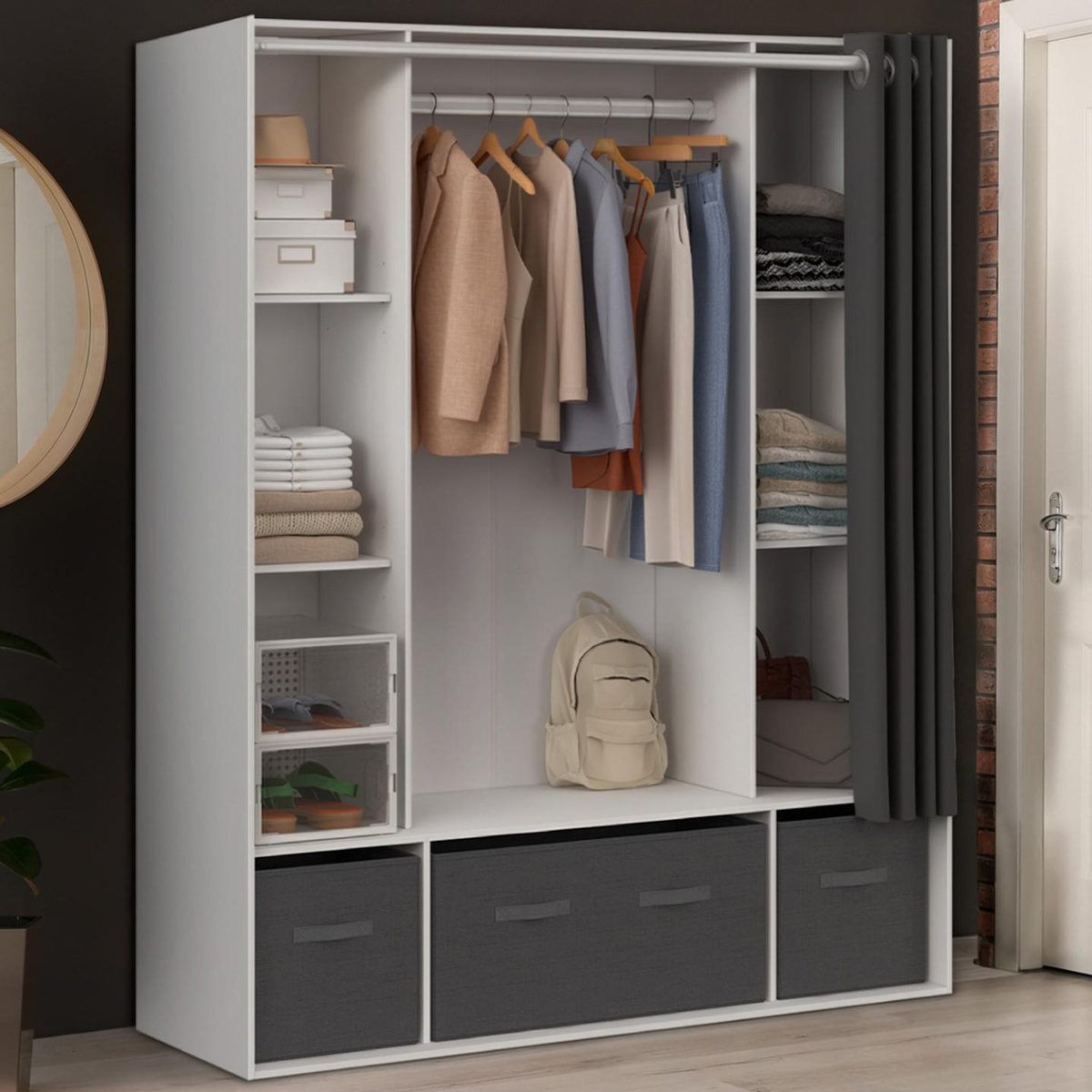 ID MARKET Dressing double penderie DIANE 140 x 45 x 167 cm blanc avec étagères + boites de rangement + rideau gris