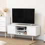 Voir la diapositive 4 : HOMCOM Meuble TV style scandinave 2 portes 2 niches passe-fils piètement bois pin panneaux blanc