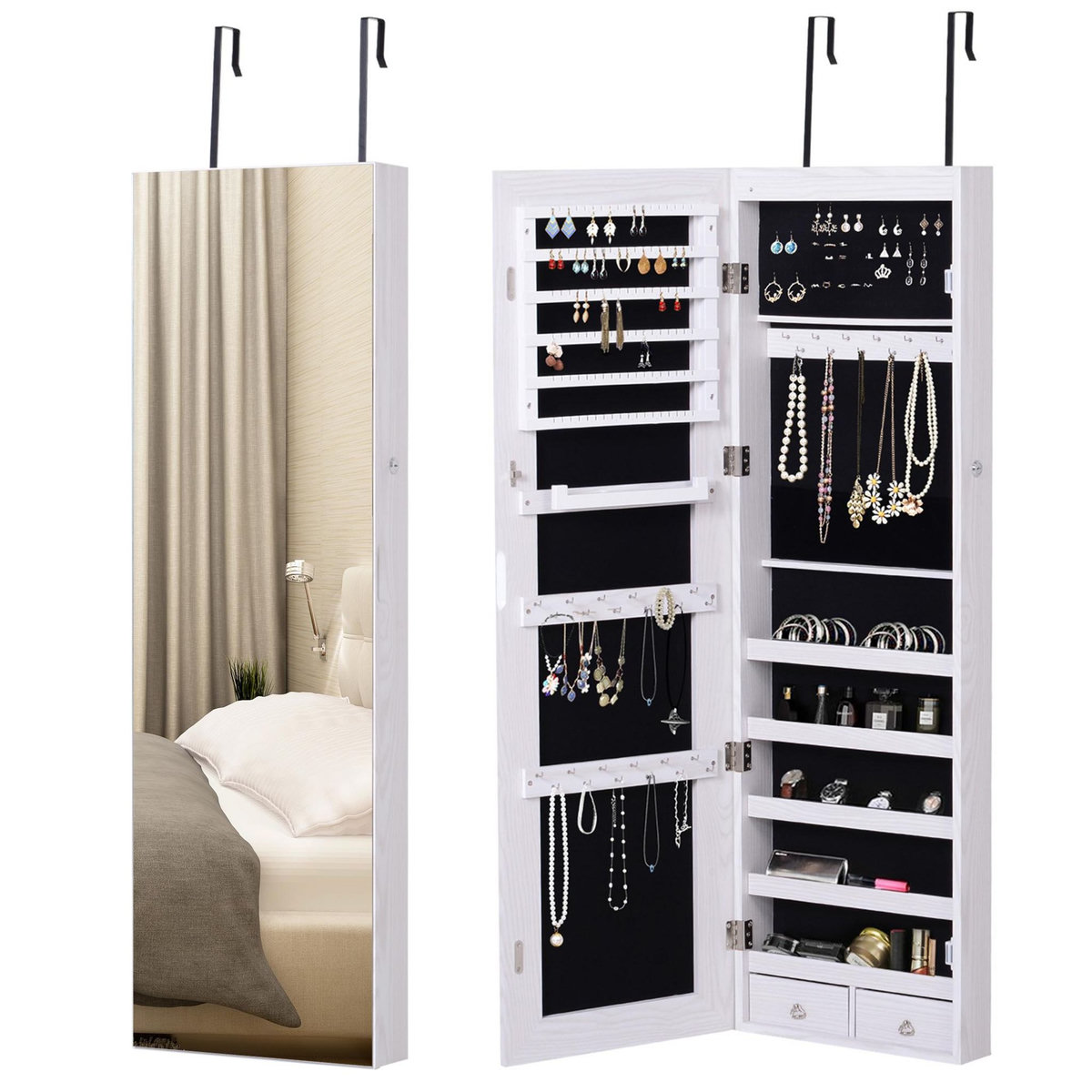 HOMCOM Armoire à bijoux miroir à suspendre 2 en 1 - éclairage LED intérieur, verrouillable, multi-rangement - blanc
