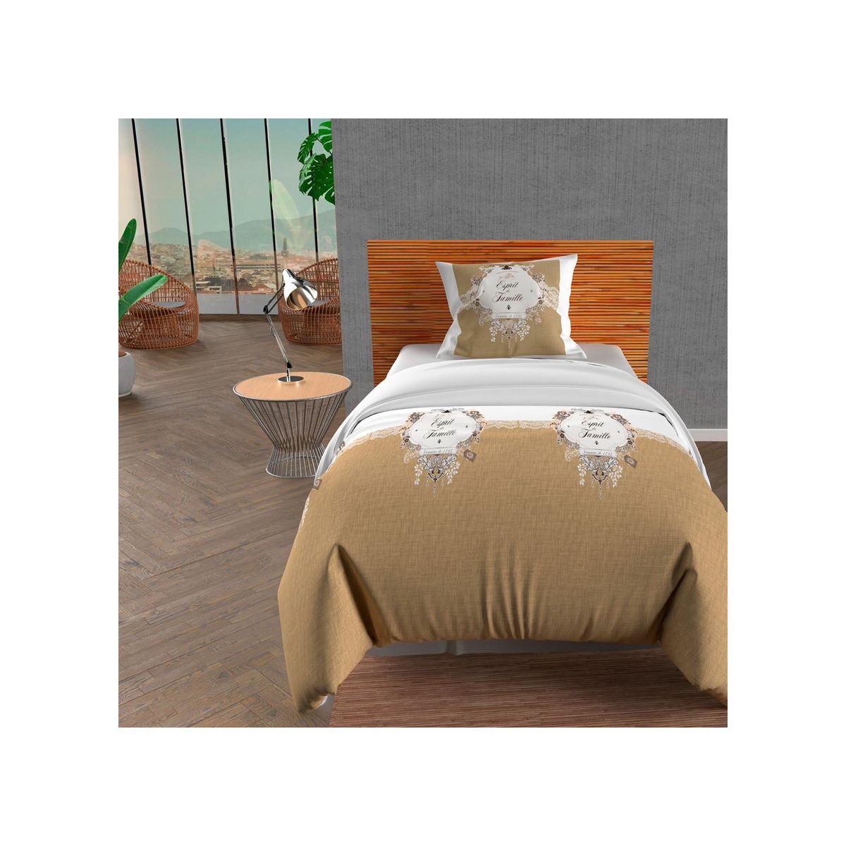 SOLEIL D'OCRE Parure housse de couette 140x200 cm en coton 57 Fils ESPRIT DE FAMILLE taupe, par Soleil d'ocre