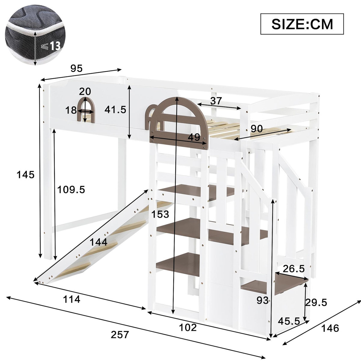 MERAX Lit combiné enfant 90x200cm coloris blanc pin et mdf