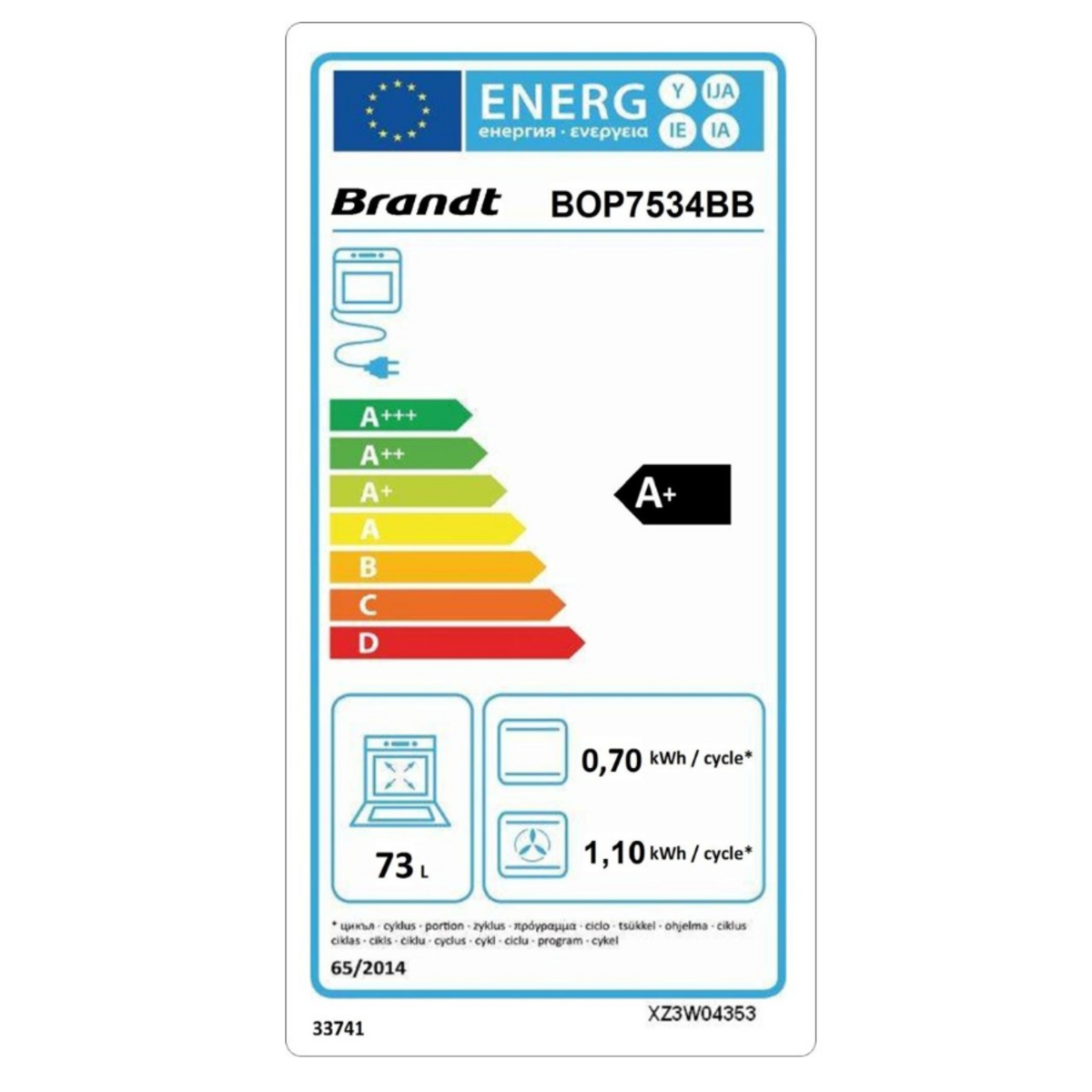 BRANDT Four intégrable multifonction 73l 60cm pyrolyse noir - BOP7534BB