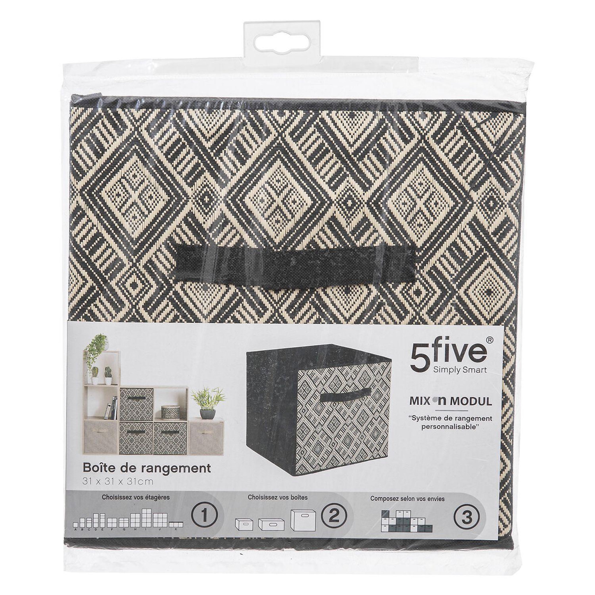 Voir la diapositive 3 : TOILINUX Lot de 2 boites de rangement pliable ethnique - 31 x 31 - noir et blanc