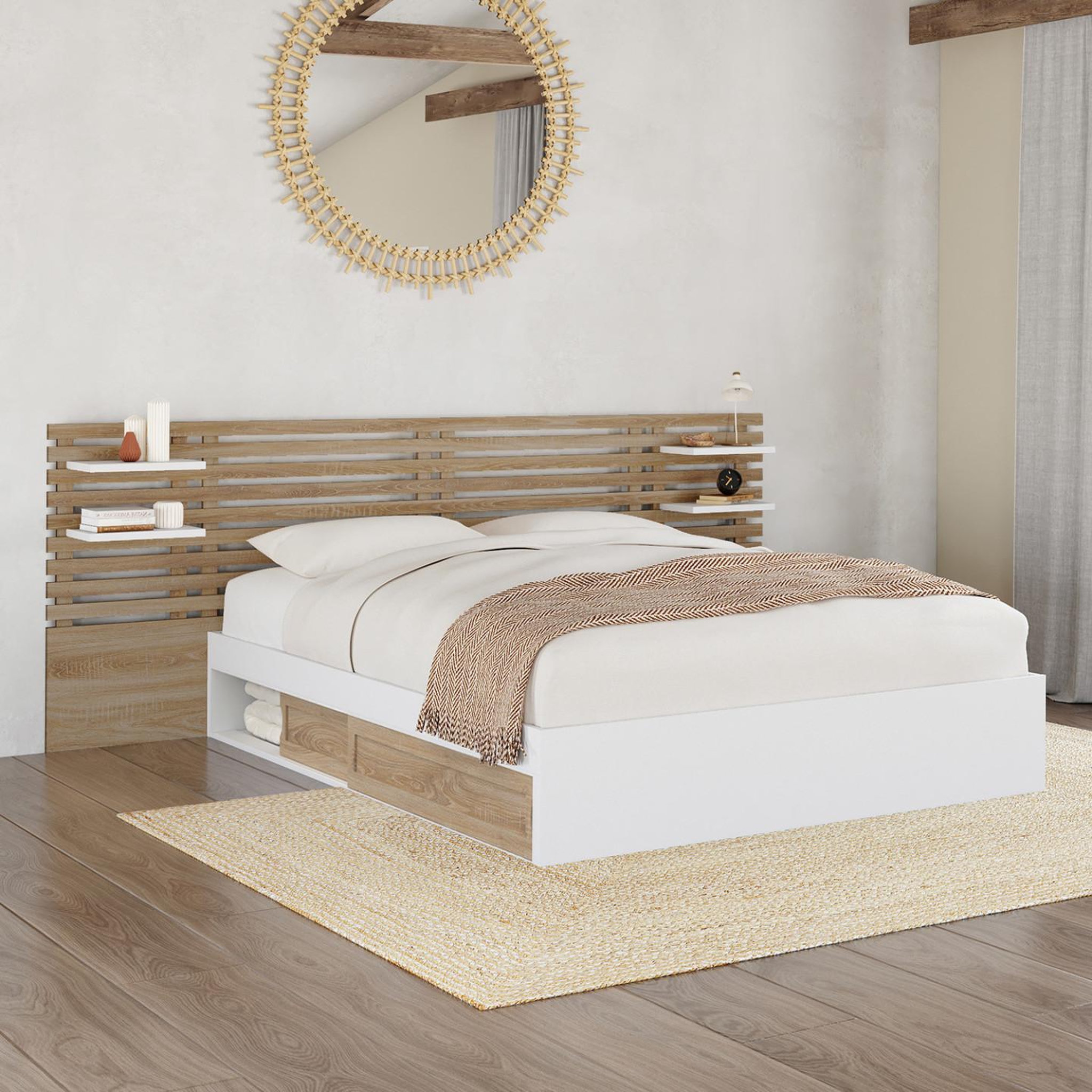 Voir la diapositive 2 : ID MARKET Lit double savana avec tête de lit, chevets, rangements et sommier 140 x 190 cm hêtre et blanc
