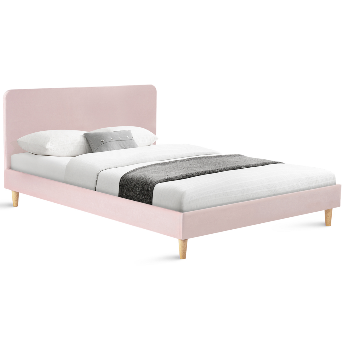 ID MARKET Lit double scandinave BALTA avec tête de lit et sommier 140 x 190 cm tissu rose clair effet velours