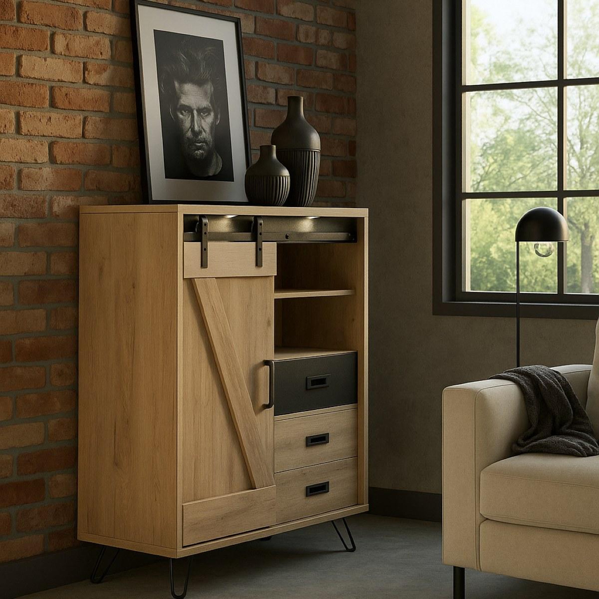 Voir la diapositive 2 : JLC KREATION Buffet haut décor chêne avec LED 2 portes COSTA