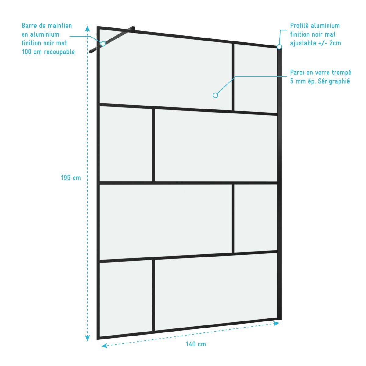 Aurlane Paroi de douche à l'italienne type industriel noir 140x195 cm - BRICKS 140