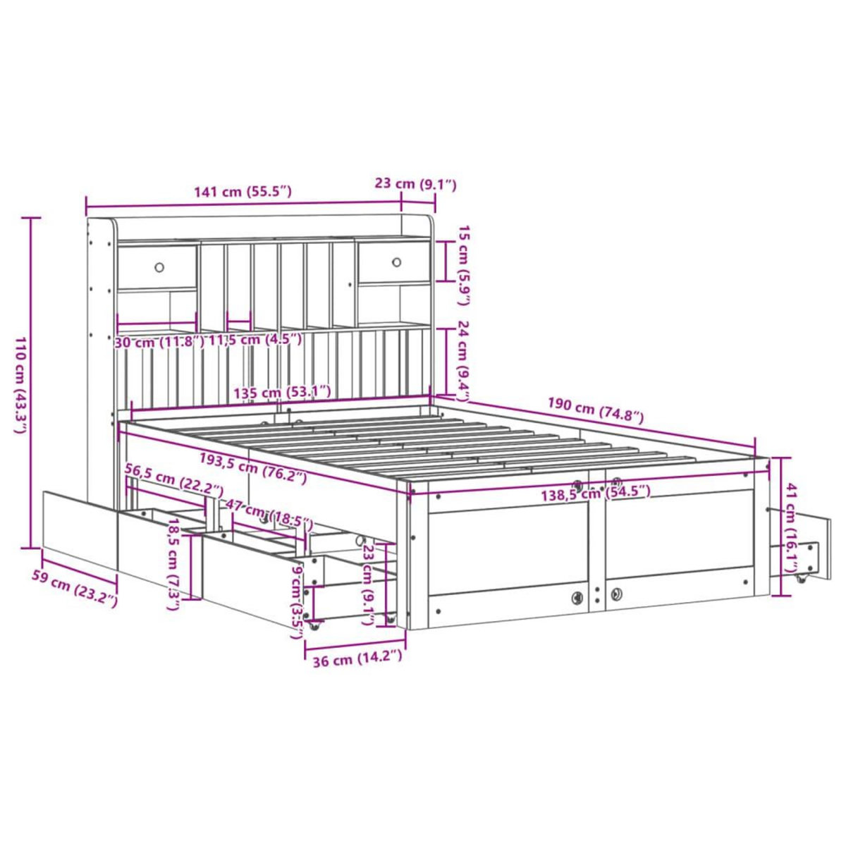 VIDAXL Lit bibliotheque sans matelas 135x190 cm bois de pin massif