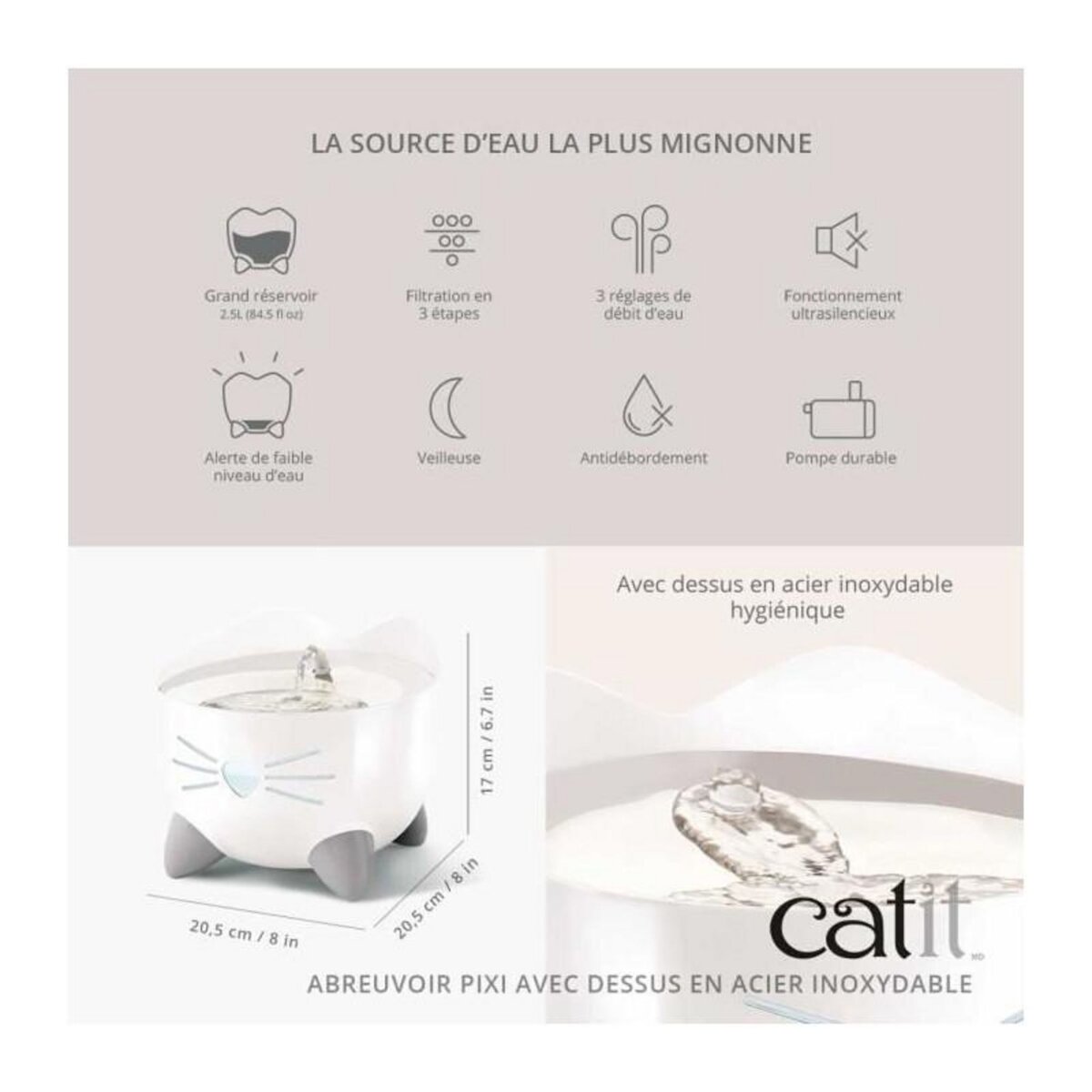 Cat'it CAT IT Fontaine a eau automatique pour chat - 2,5 L Acier inox et filtre