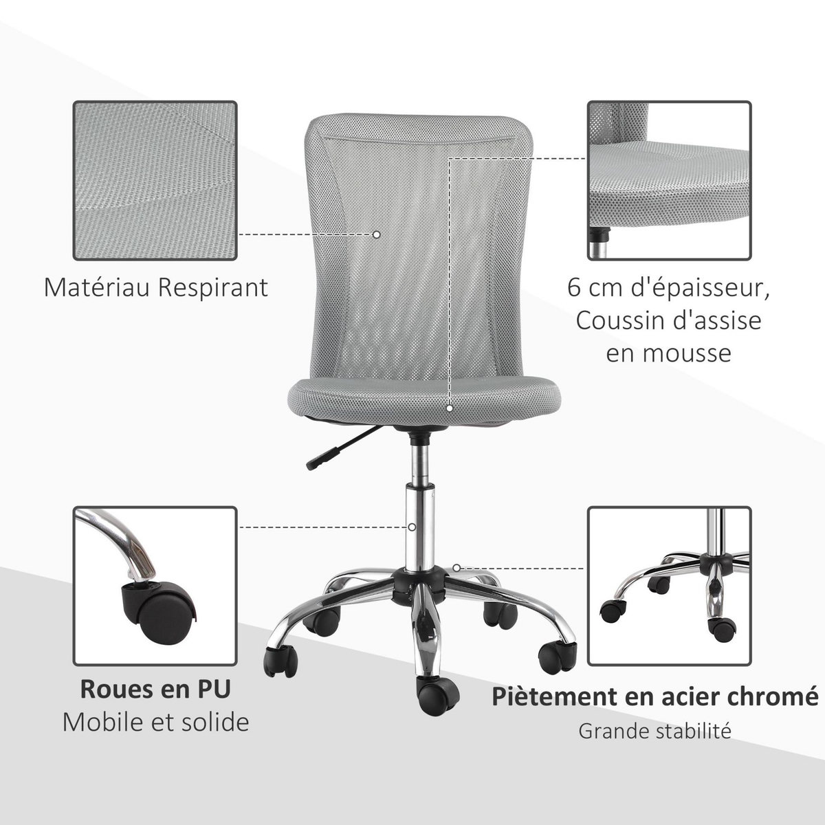 VINSETTO Vinsetto Chaise de bureau ergonomique hauteur réglable piètement chromé pivotant 360° revêtement maille gris